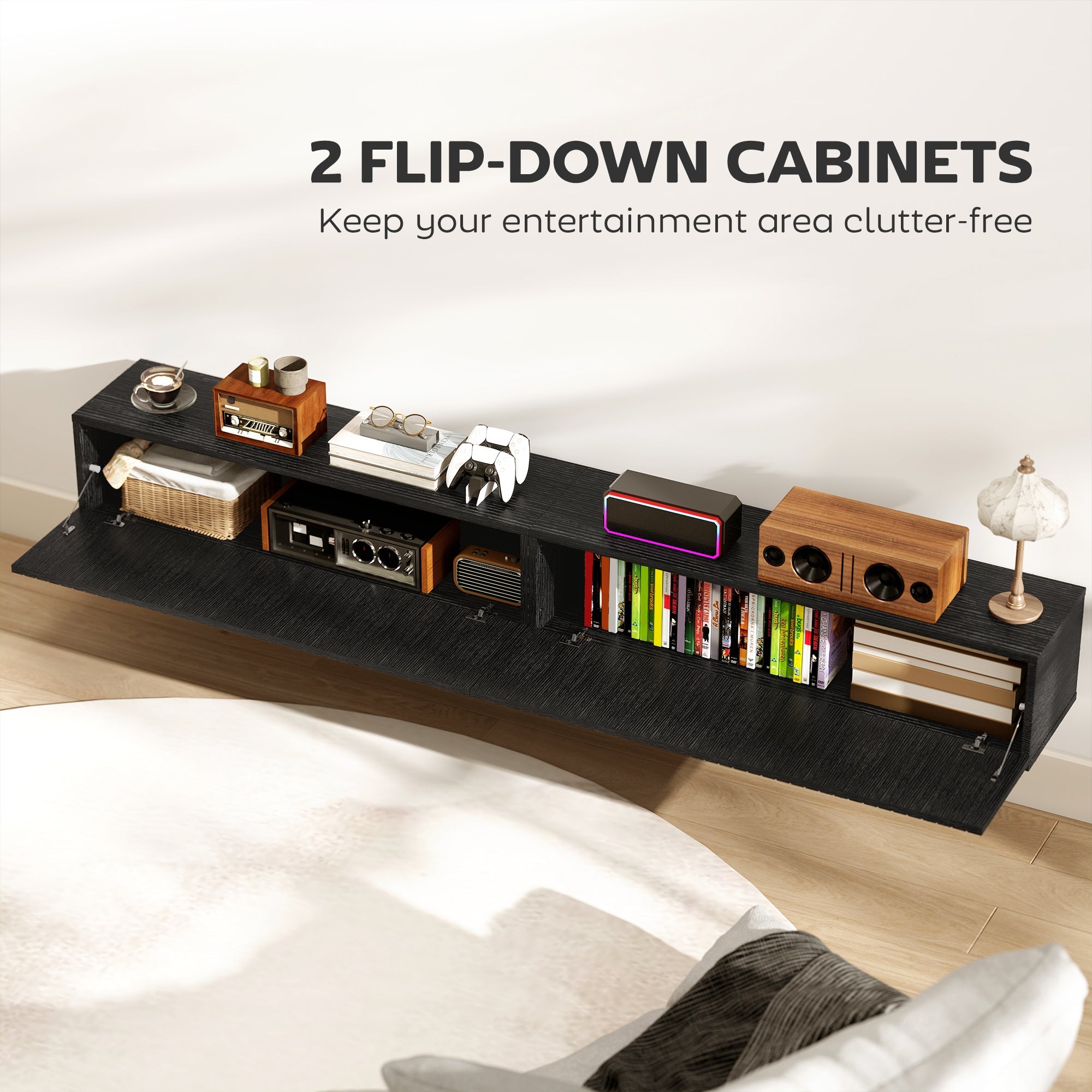 Jesse 71" Floating TV Stand with 2 Fluted Flip-Down Doors for TVs up to 75"-Black