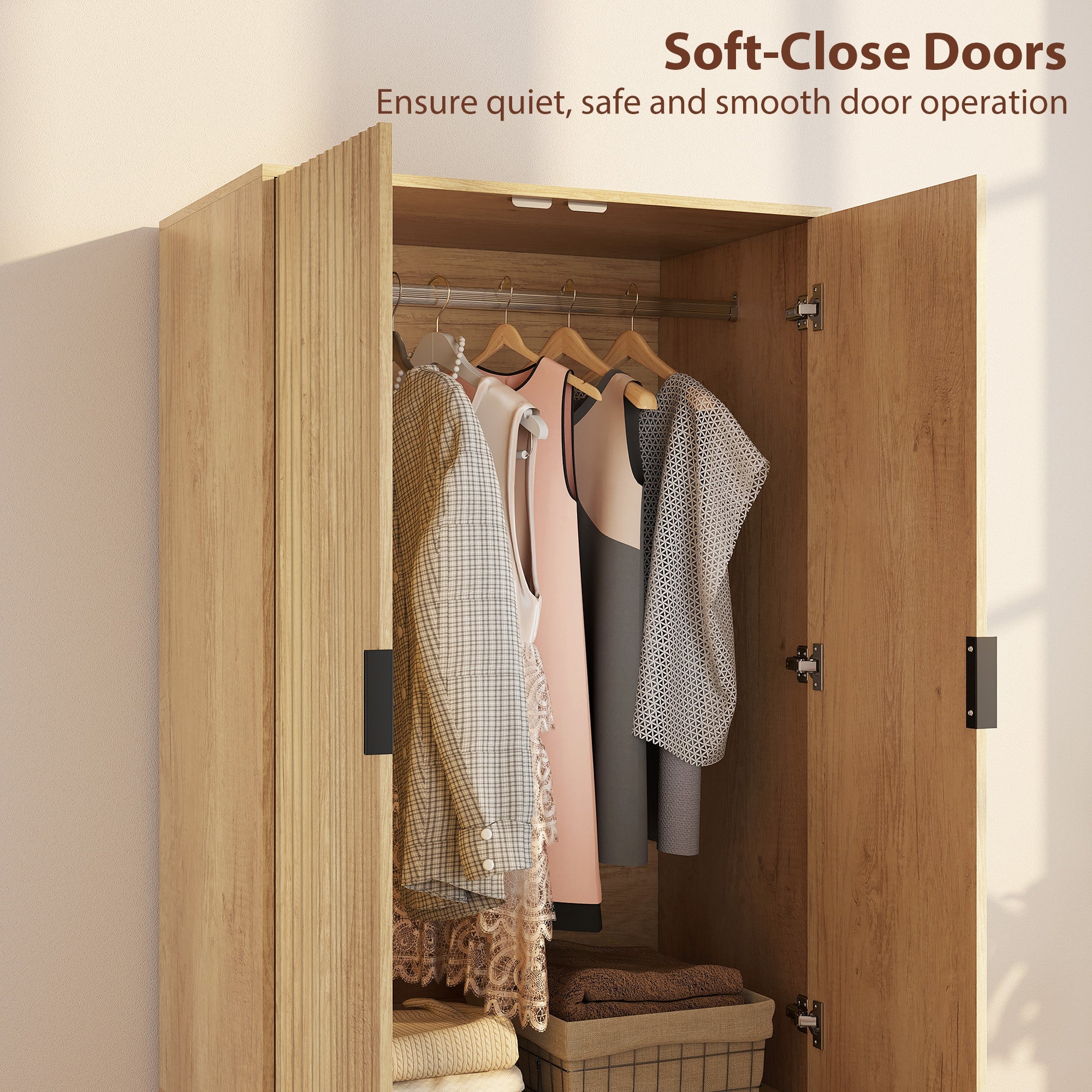 Alexis Modern Wardrobe Closet with Soft-Close Doors-Natural