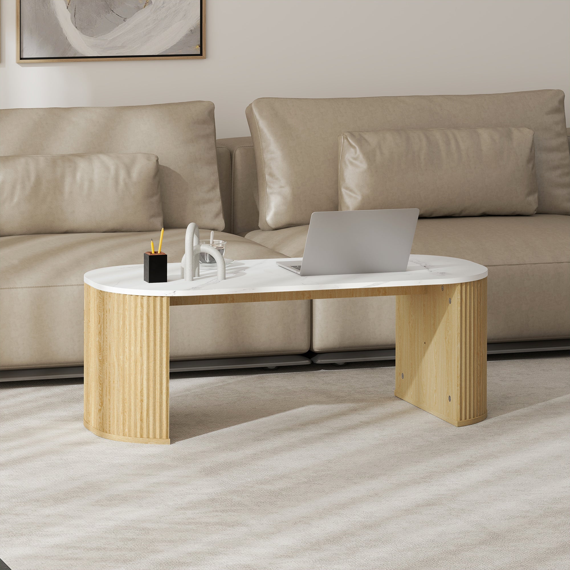 Cameron Modern Faux-Marble Coffee Table-Natural Wood