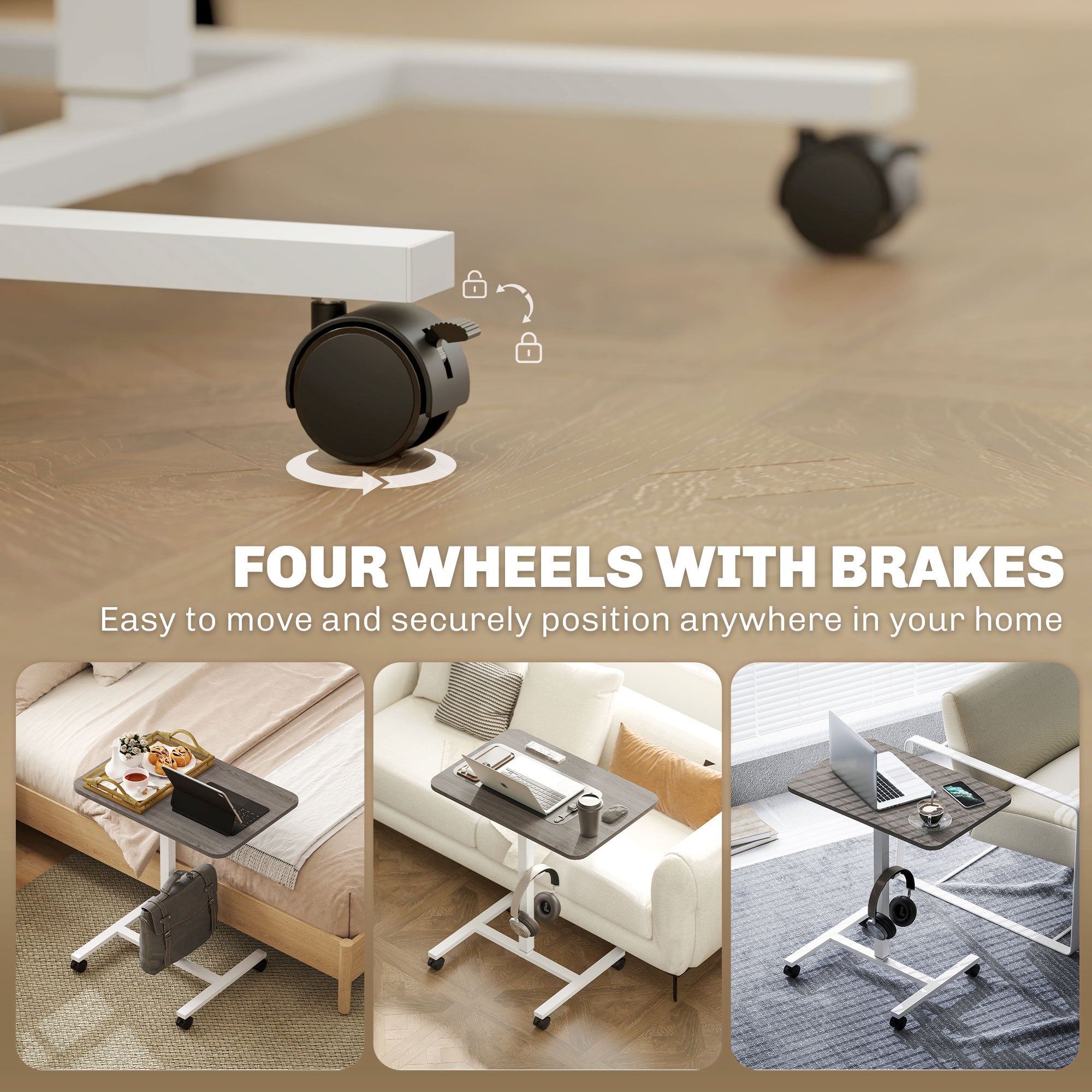 Eden Height Adjustable Standing Desk with Wheels and Headphone Hook-Grey