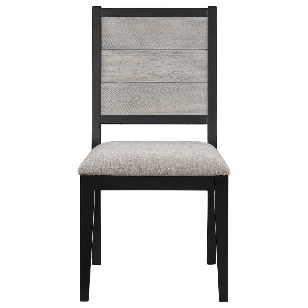 Dining chair with black frame and gray cushion on a white background