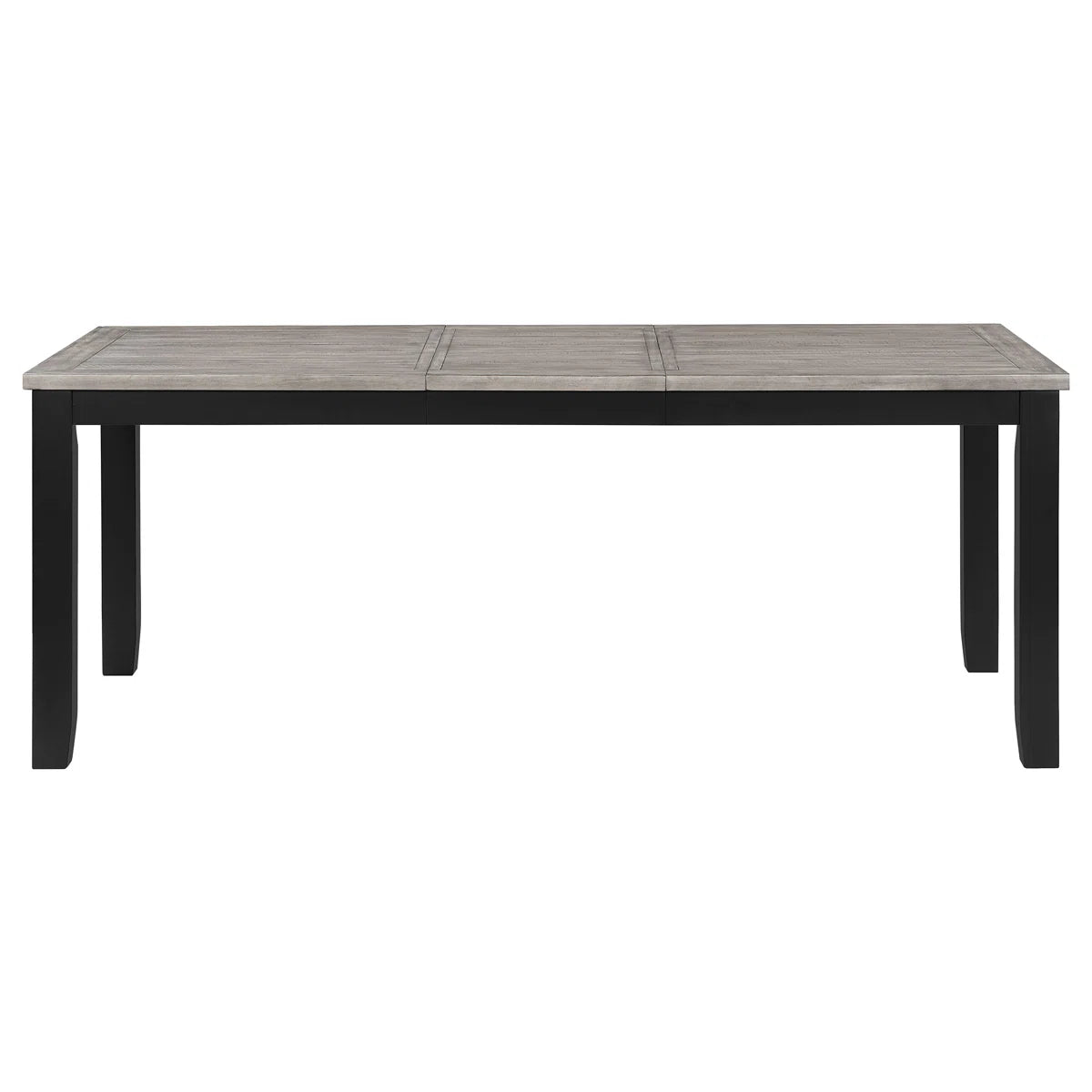 Dining table with black legs and gray top on a white background