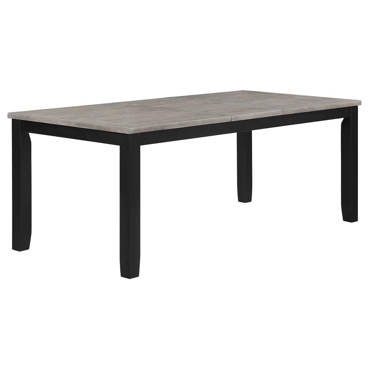 Rectangular dining table with black legs and gray top on a white background