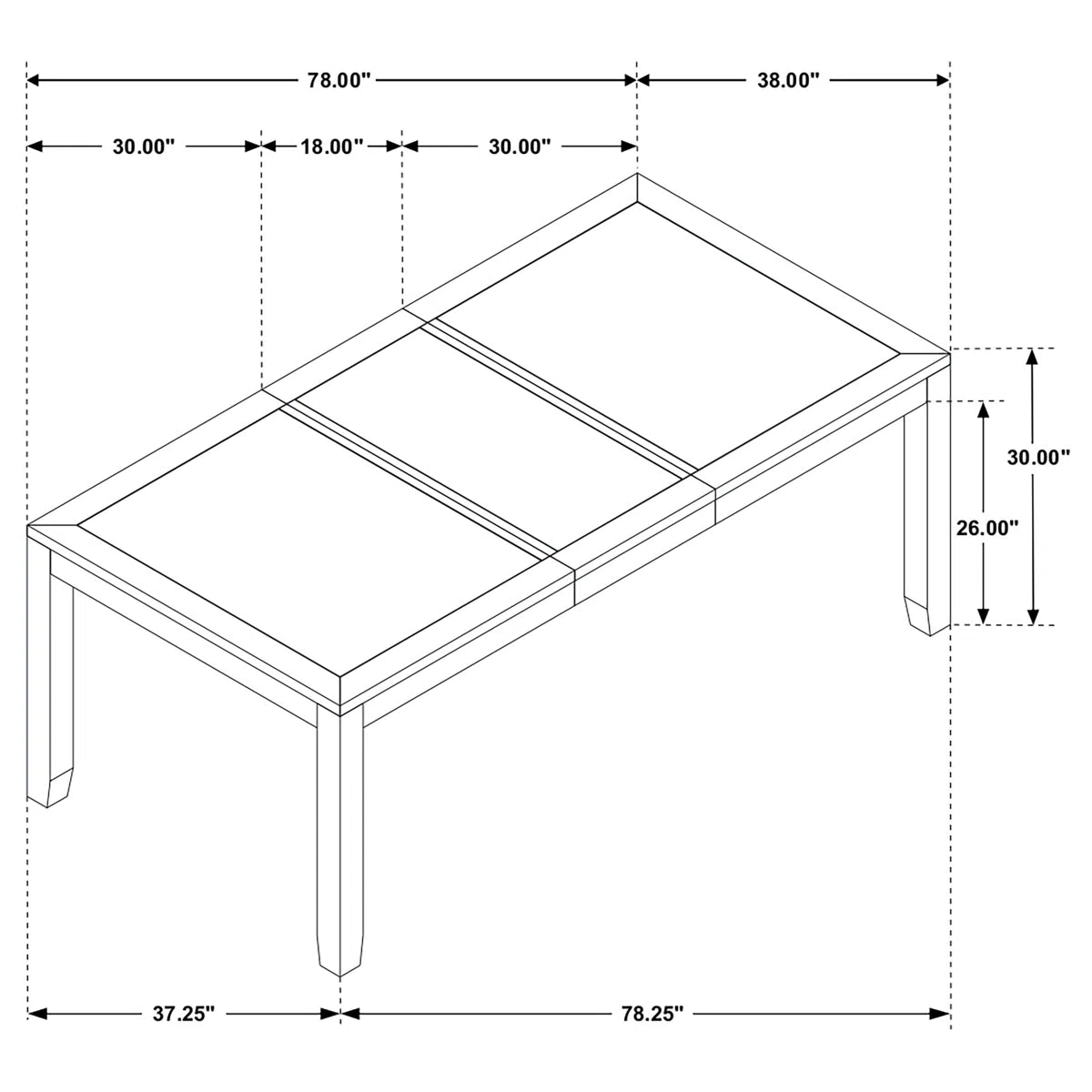 Measurement diagram of a rectangular table with dimensions labeled.