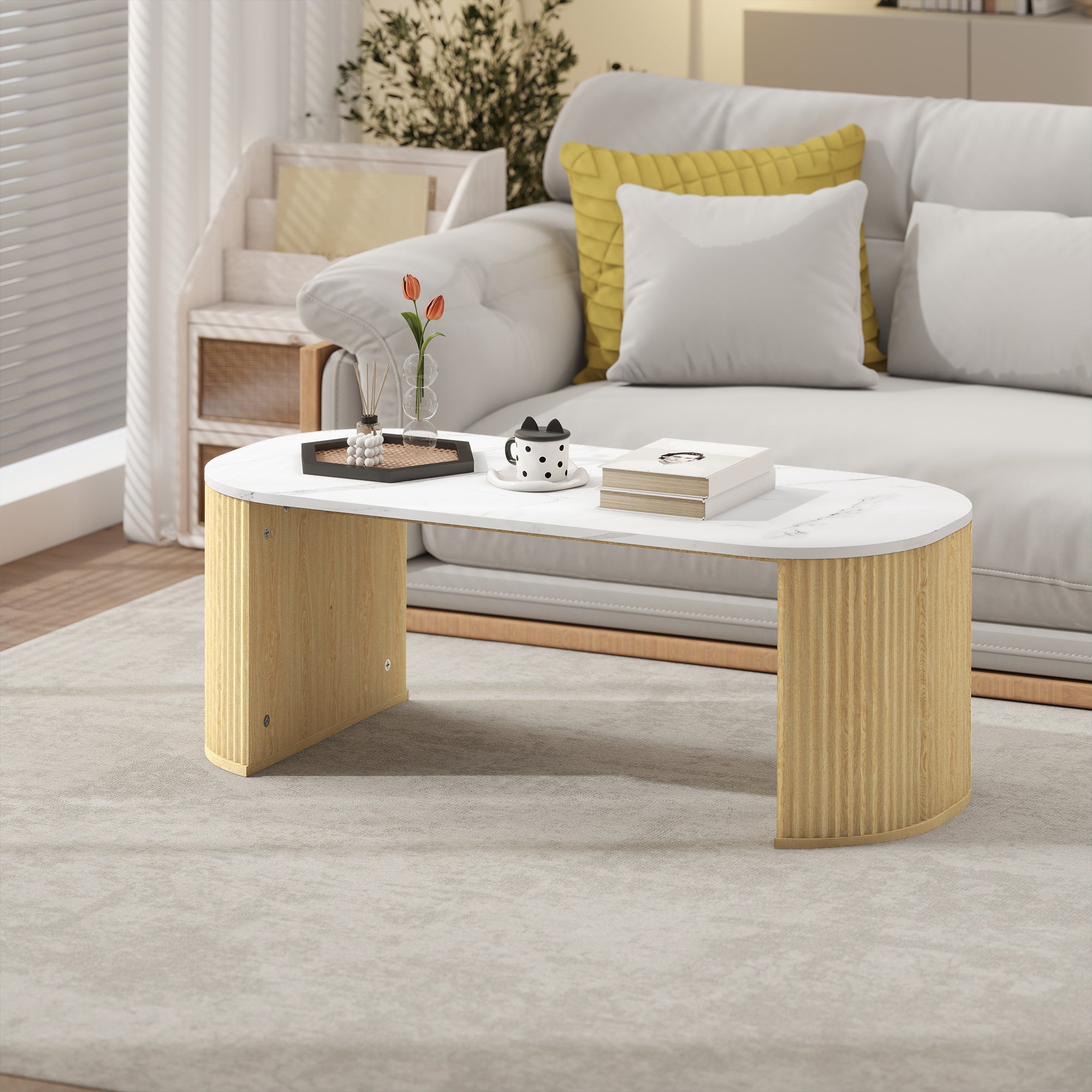 Cameron Modern Faux-Marble Coffee Table-Natural Wood