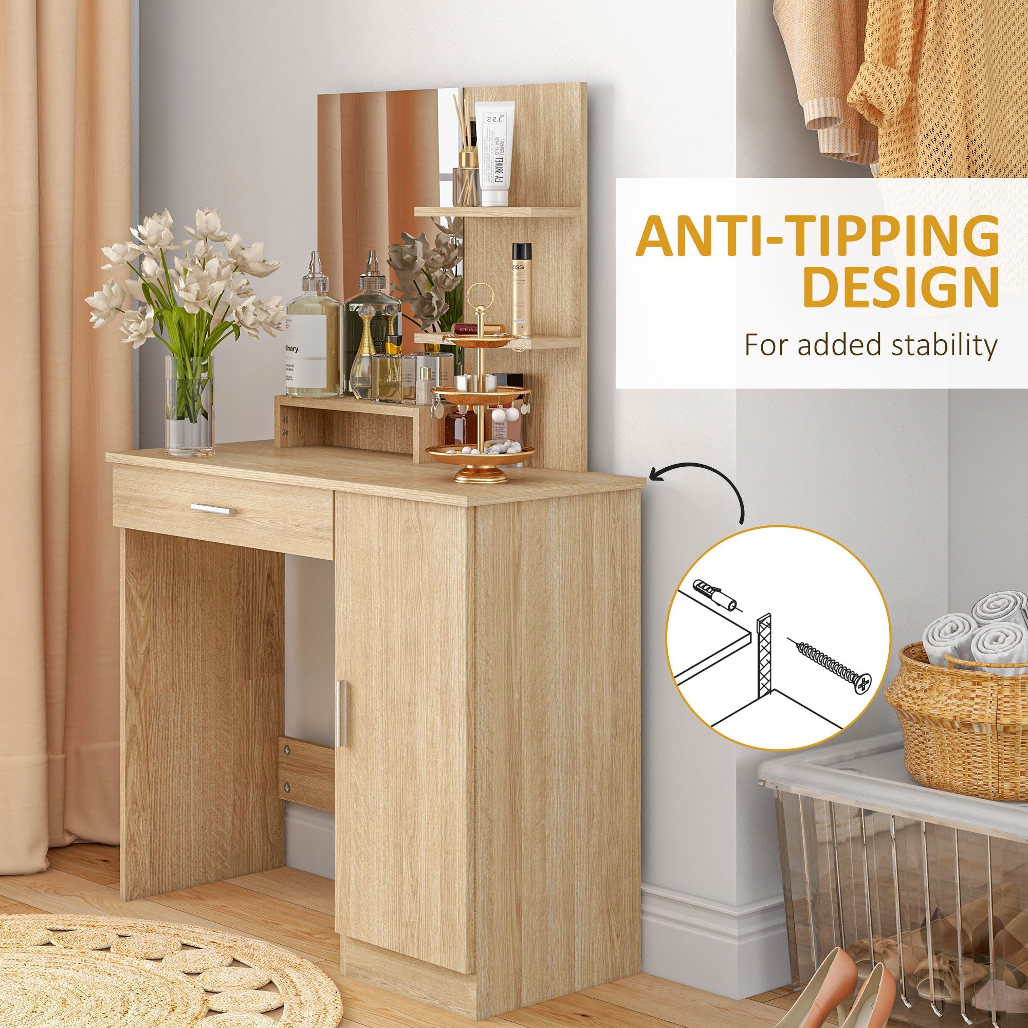 Evelyn Vanity Desk with Mirror and Adjustable Shelves