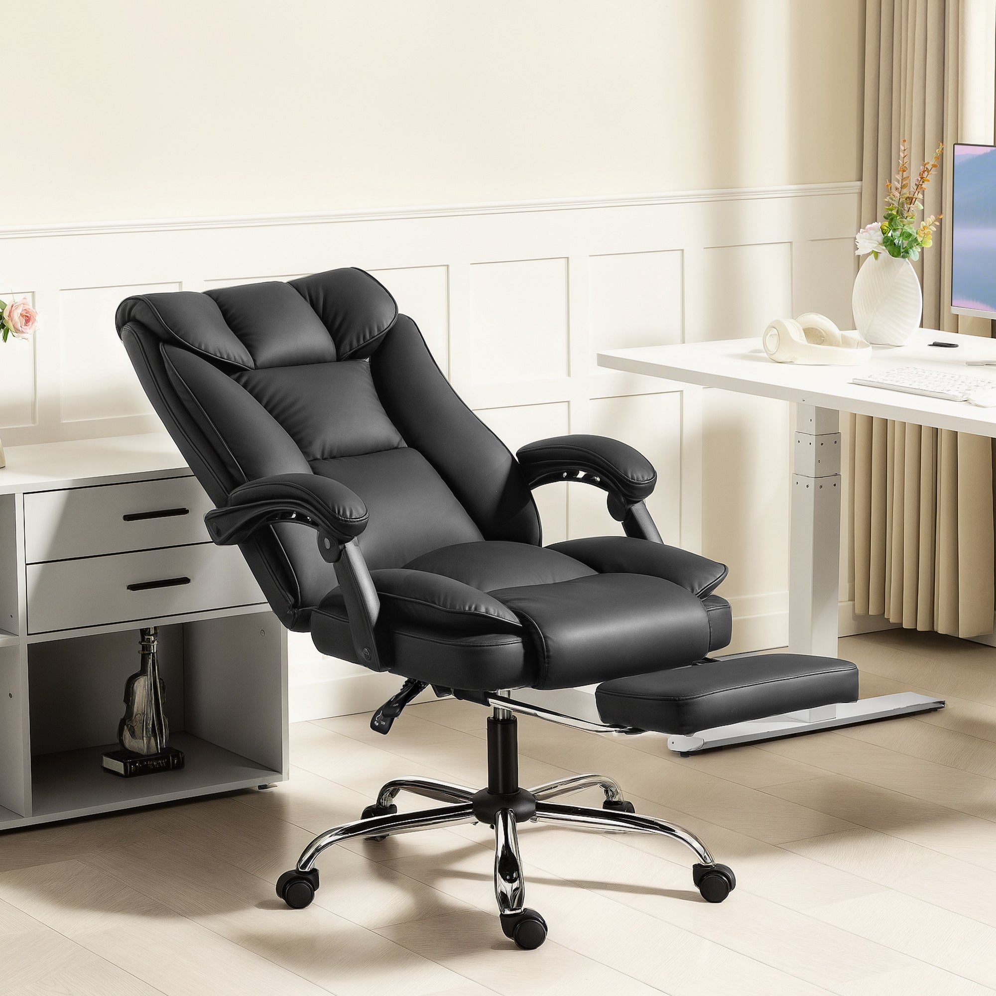 Alexis Executive Ergonomic Office Chair with Pet-Friendly Leather, Footrest and Swivel Recliner-Black