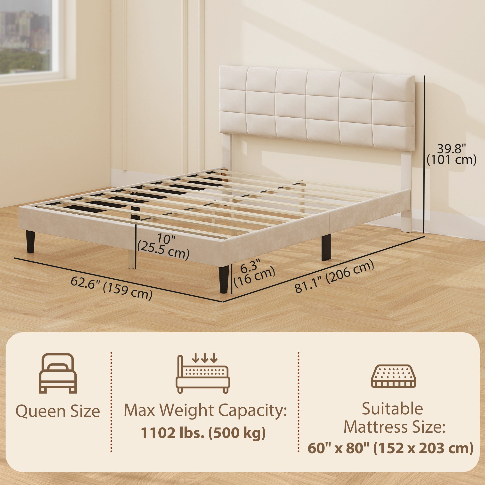 Harper Queen Size Bed Frame with Upholstered Headboard-Cream White