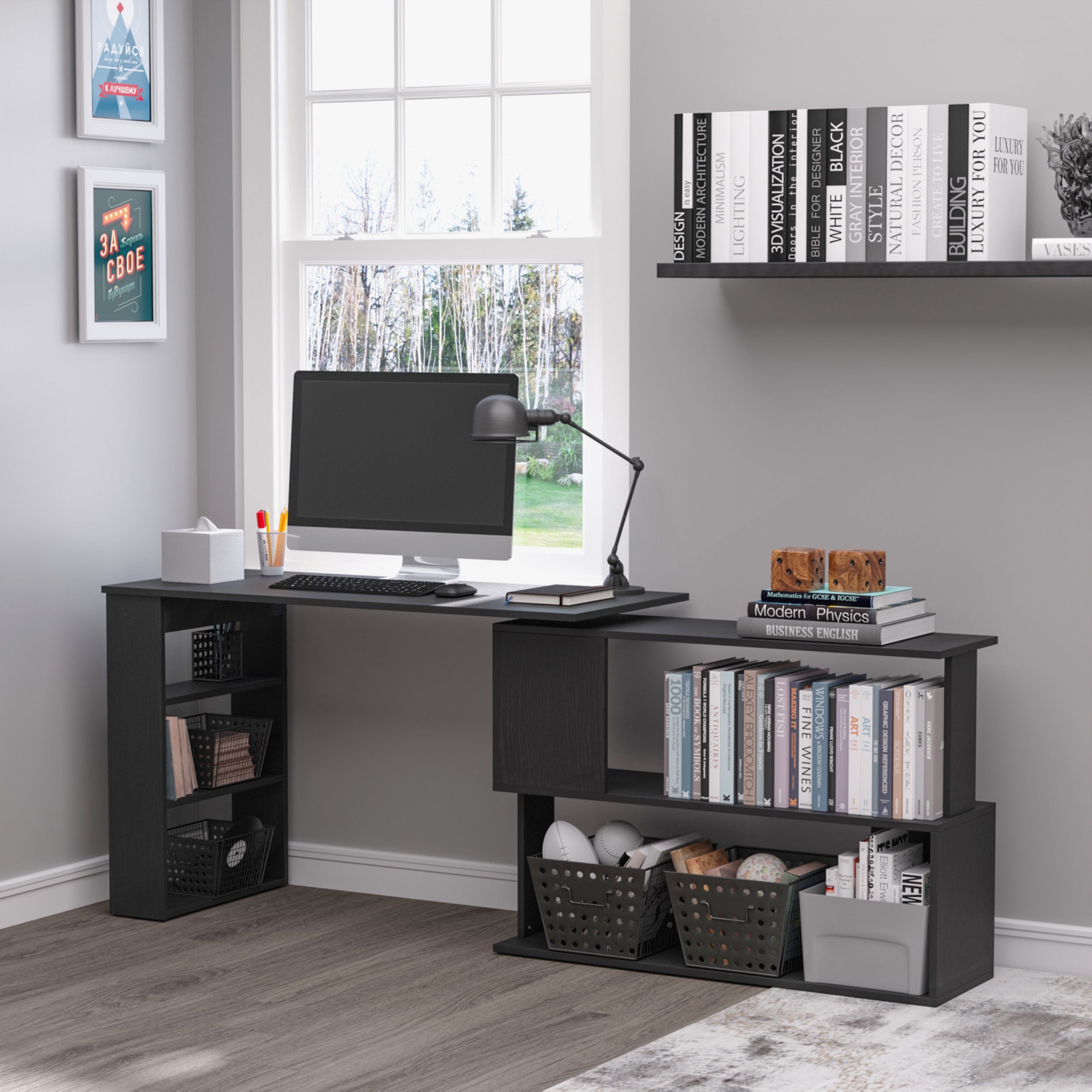Denver L-Shaped Office Desk with 360° Rotating Corner Extension-Black