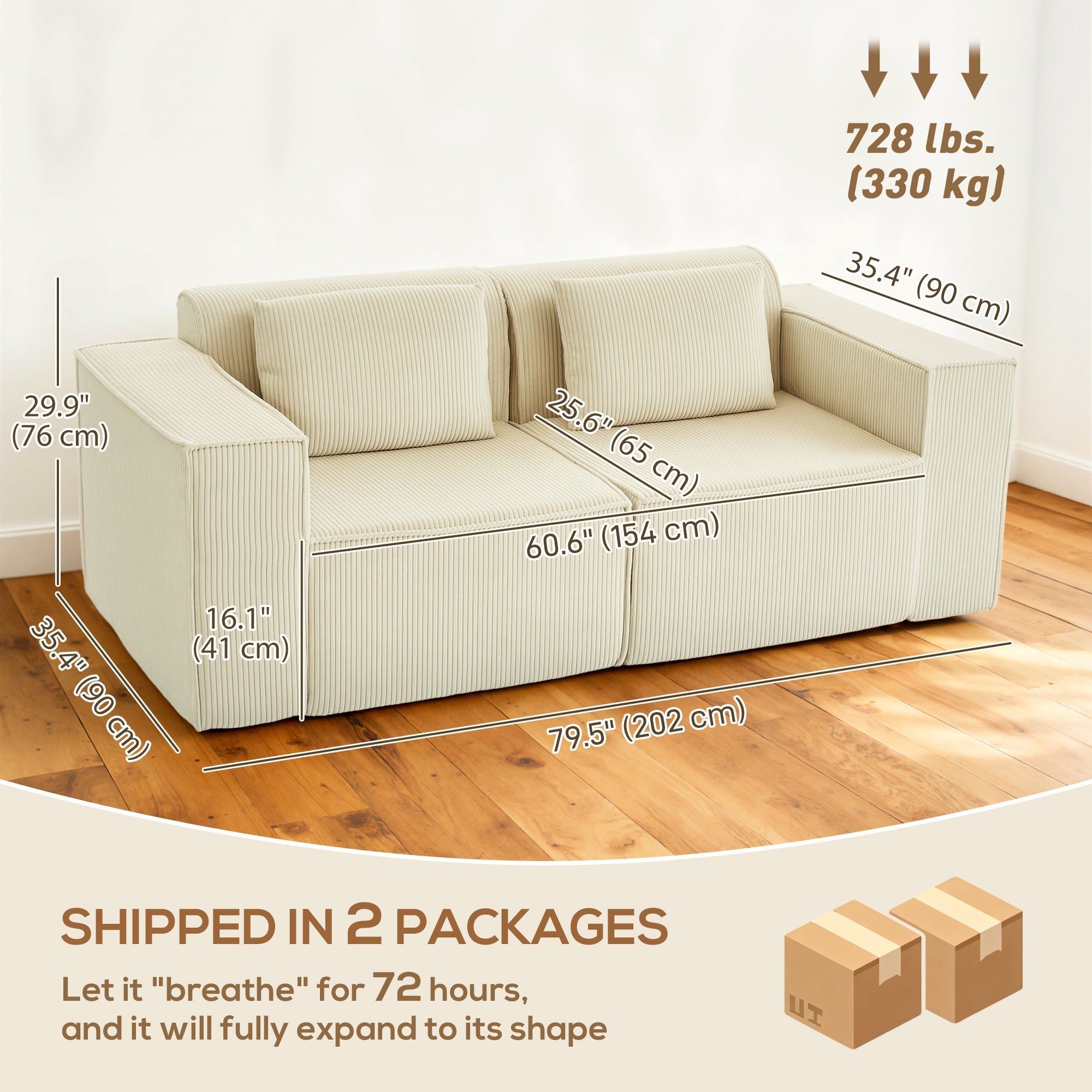 IVAN Boneless Corduroy 3 Seater Sofa with Deep Seats-Beige