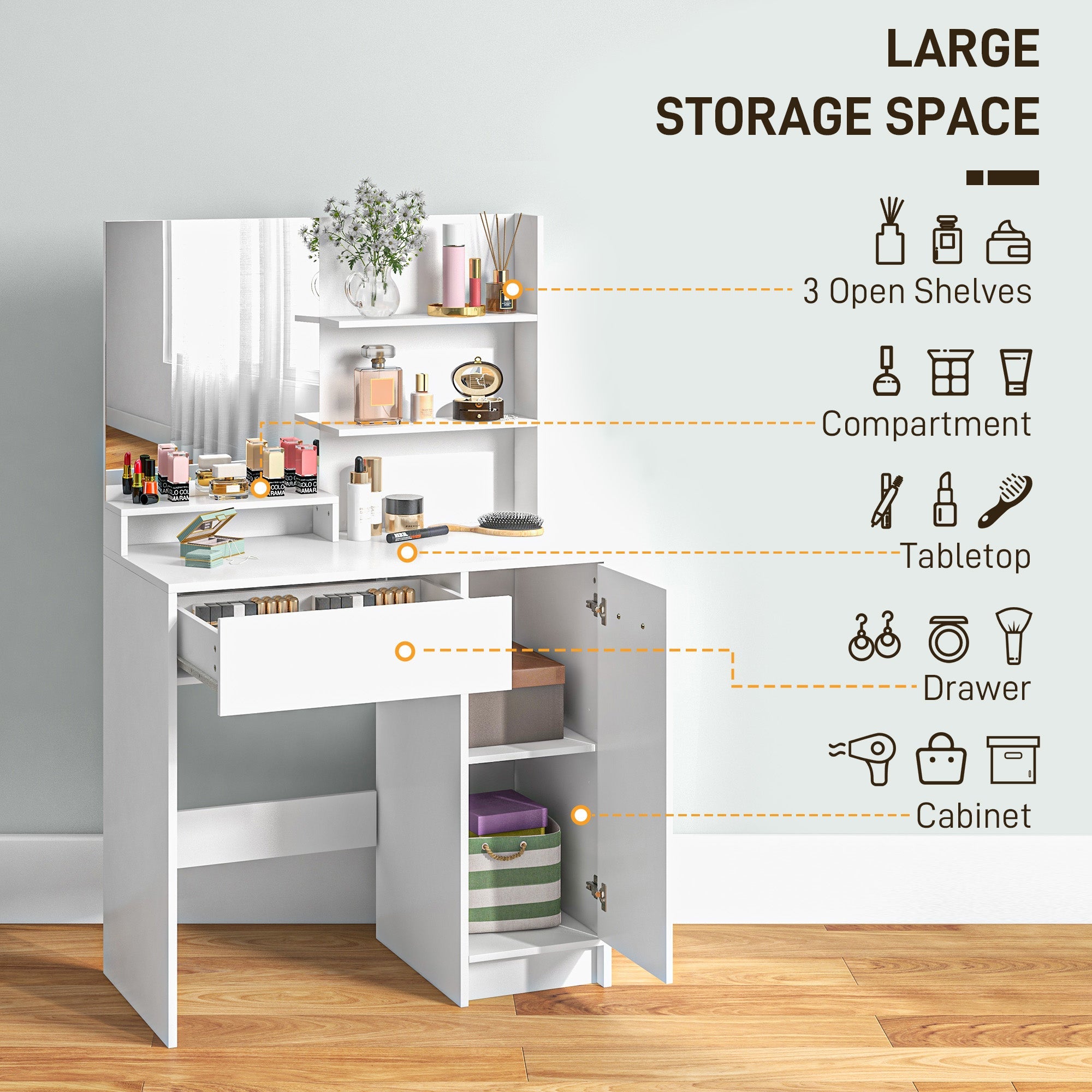 Elise Makeup Vanity Set with Mirror, Stool and Adjustable Shelves-White