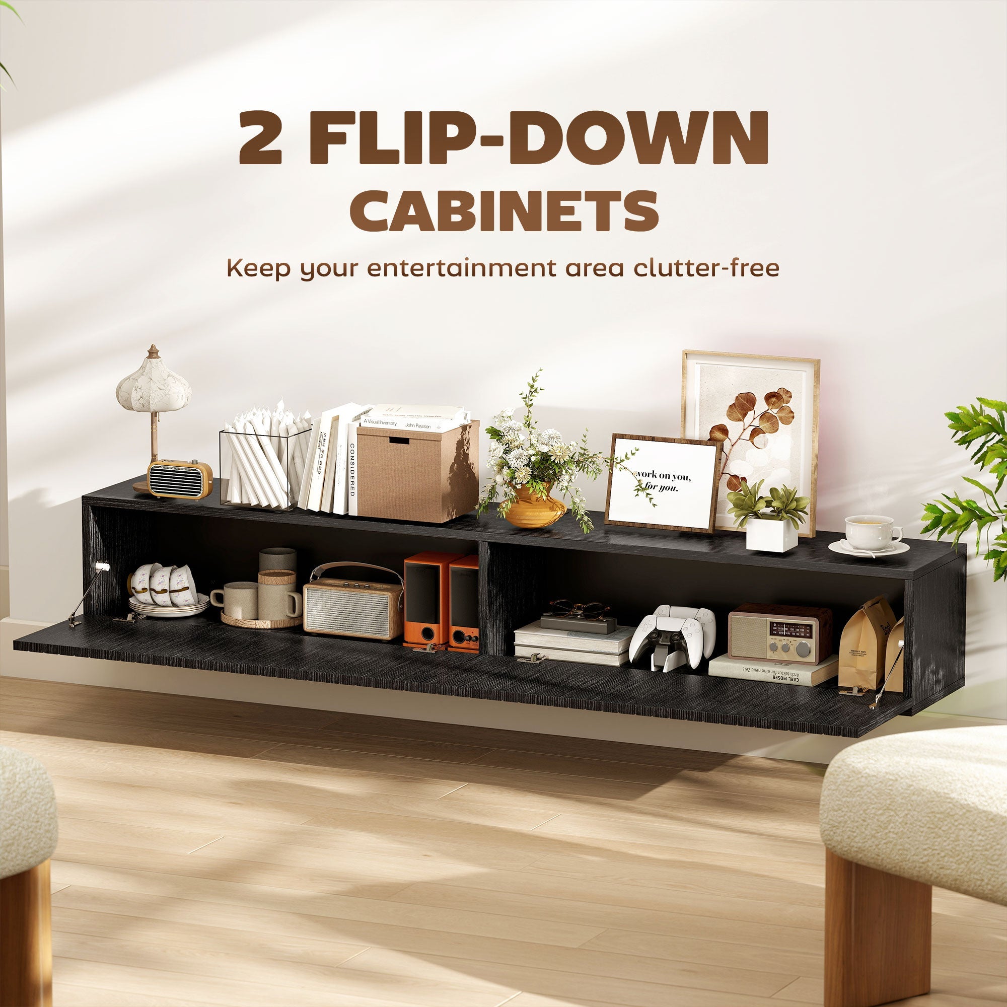 Jesse 55" Floating TV Stand with 2 Fluted Flip-Down Doors for TVs up to 72"-Black