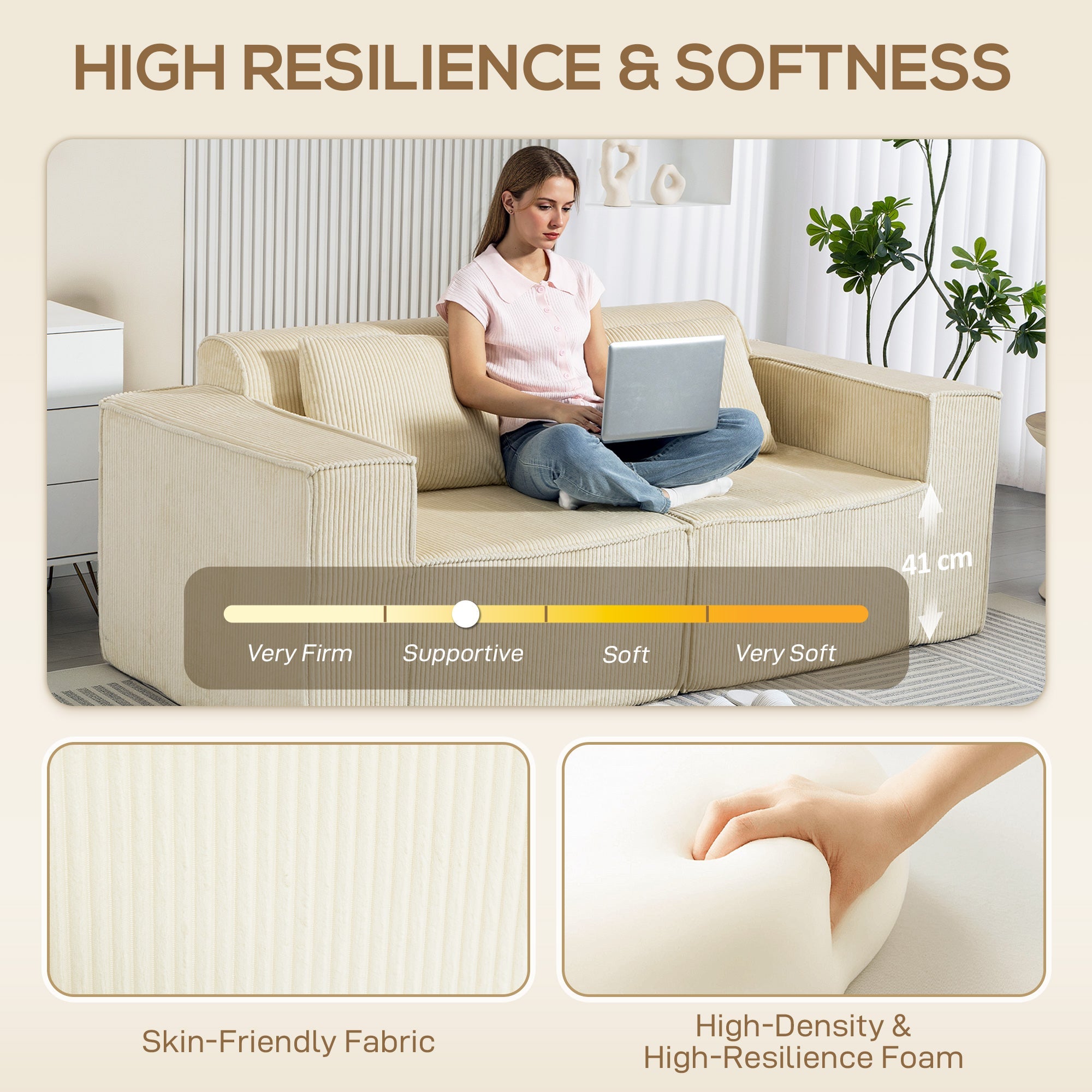 IVAN Boneless Corduroy 3 Seater Sofa with Deep Seats-Beige