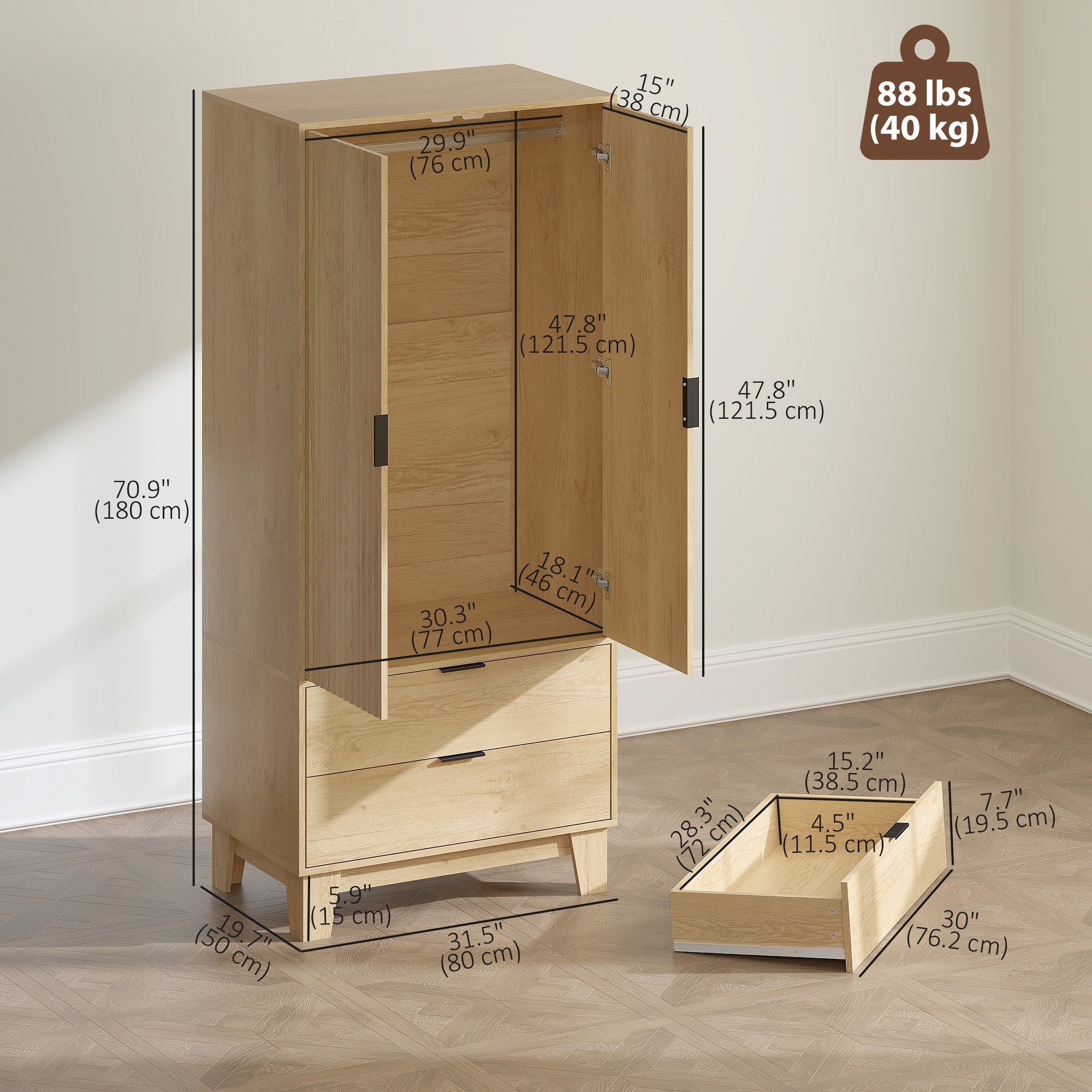 Alexis Modern Wardrobe Closet with Soft-Close Doors-Natural