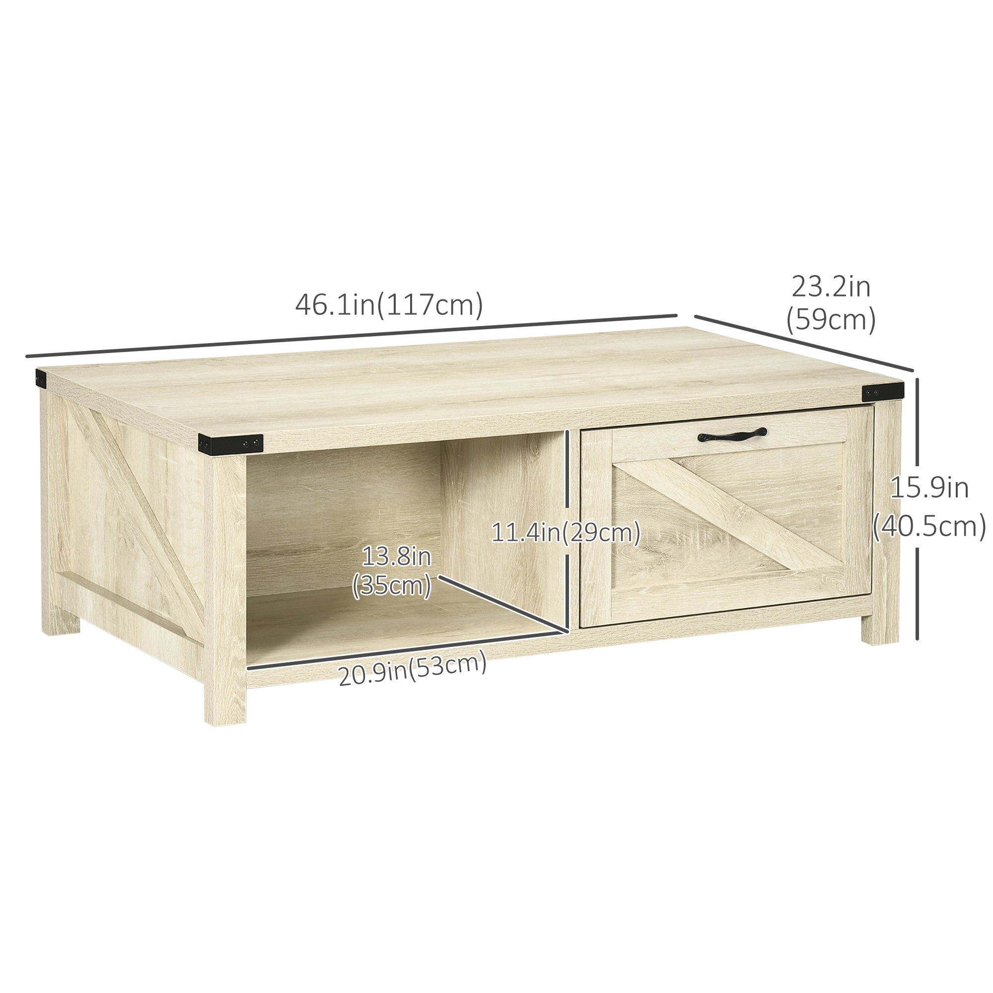 Lowen Farmhouse Coffee Table with Drawer and Open Storage Shelf-White Oak
