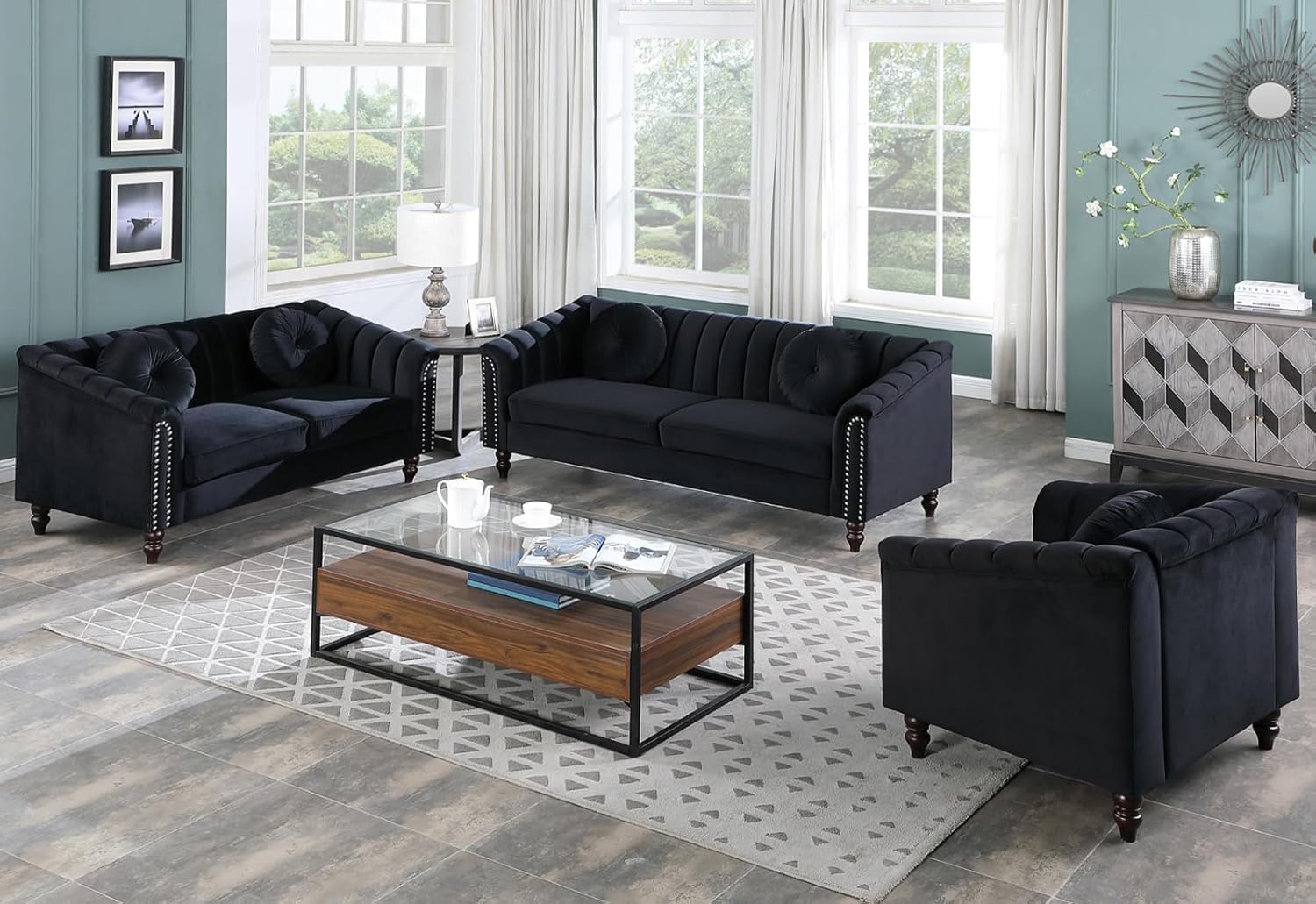 Zena 3pc Sofa Set in Black