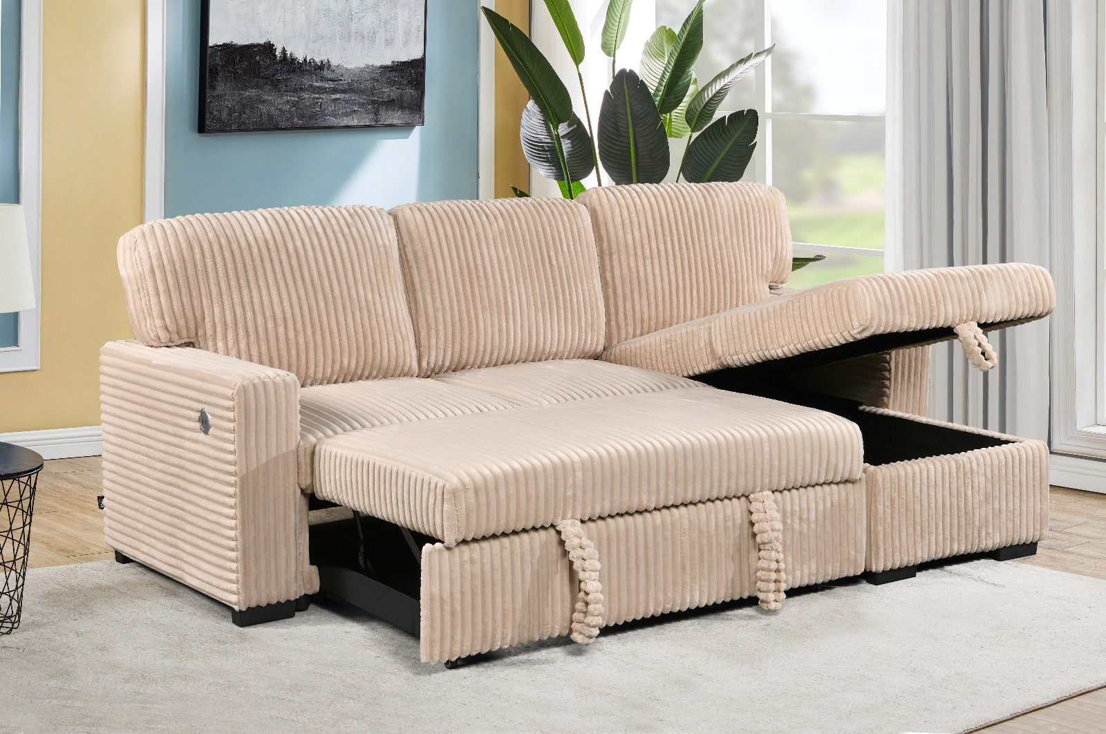Beige sectional sofa with storage compartments in a living room setting.