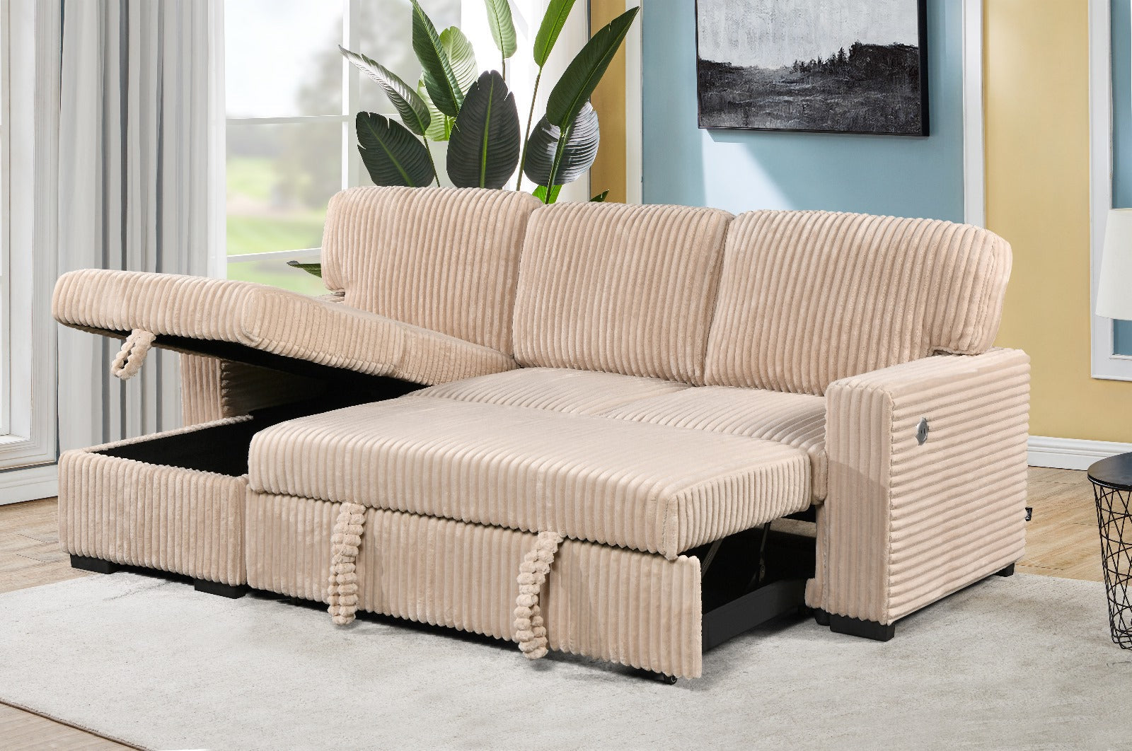 Beige sectional sofa with storage compartments in a living room setting.
