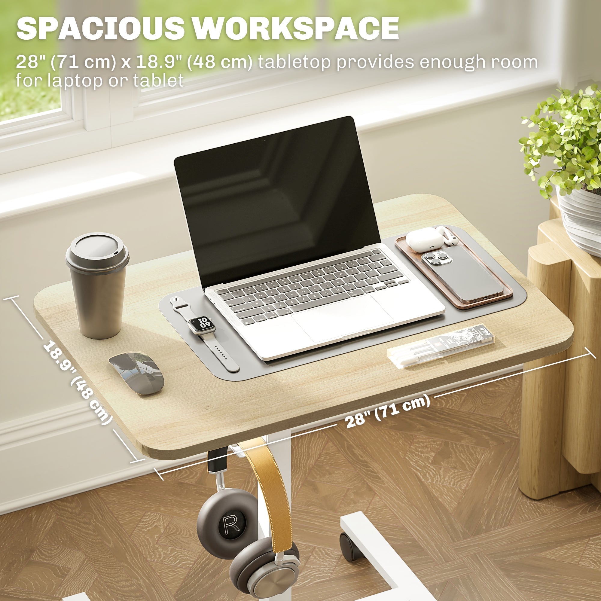 Eden Height Adjustable Standing Desk with Wheels and Headphone Hook-Natural