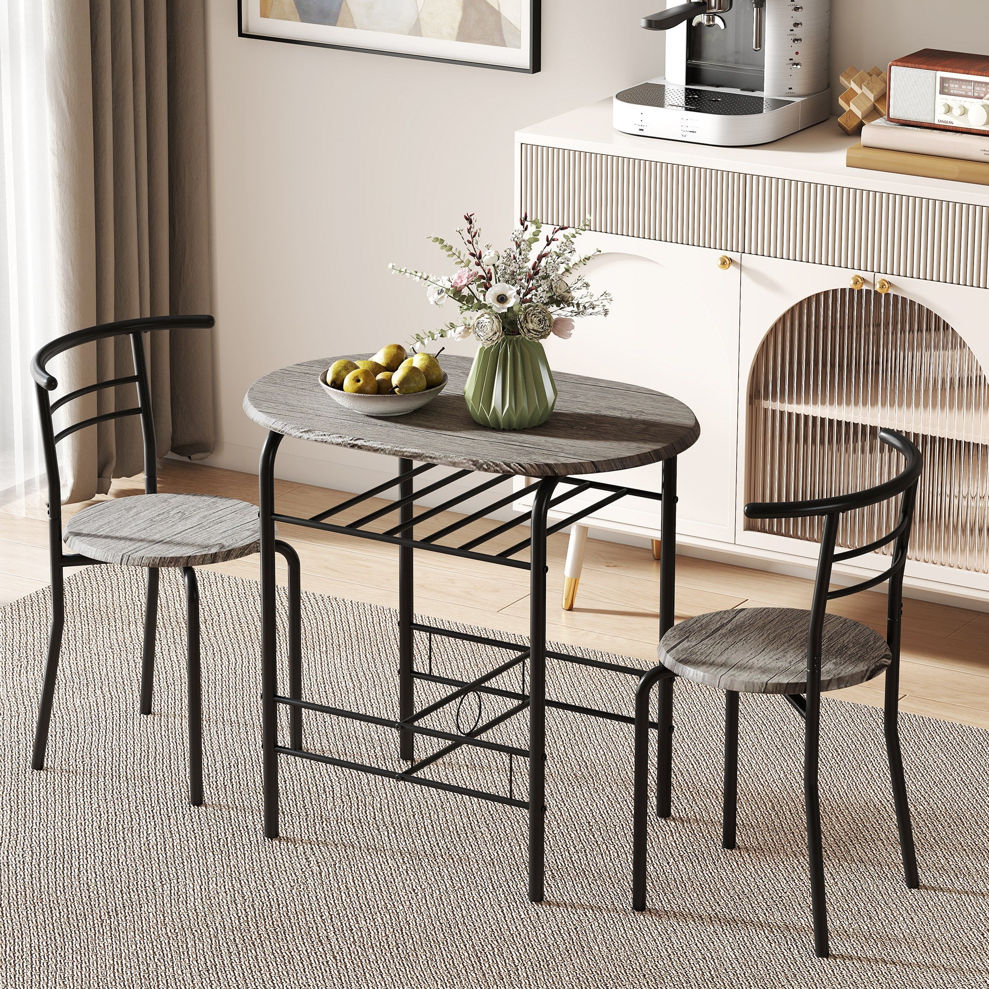 Foden 3-Piece Dining Set with Shelf, for Small Spaces-Dark Grey