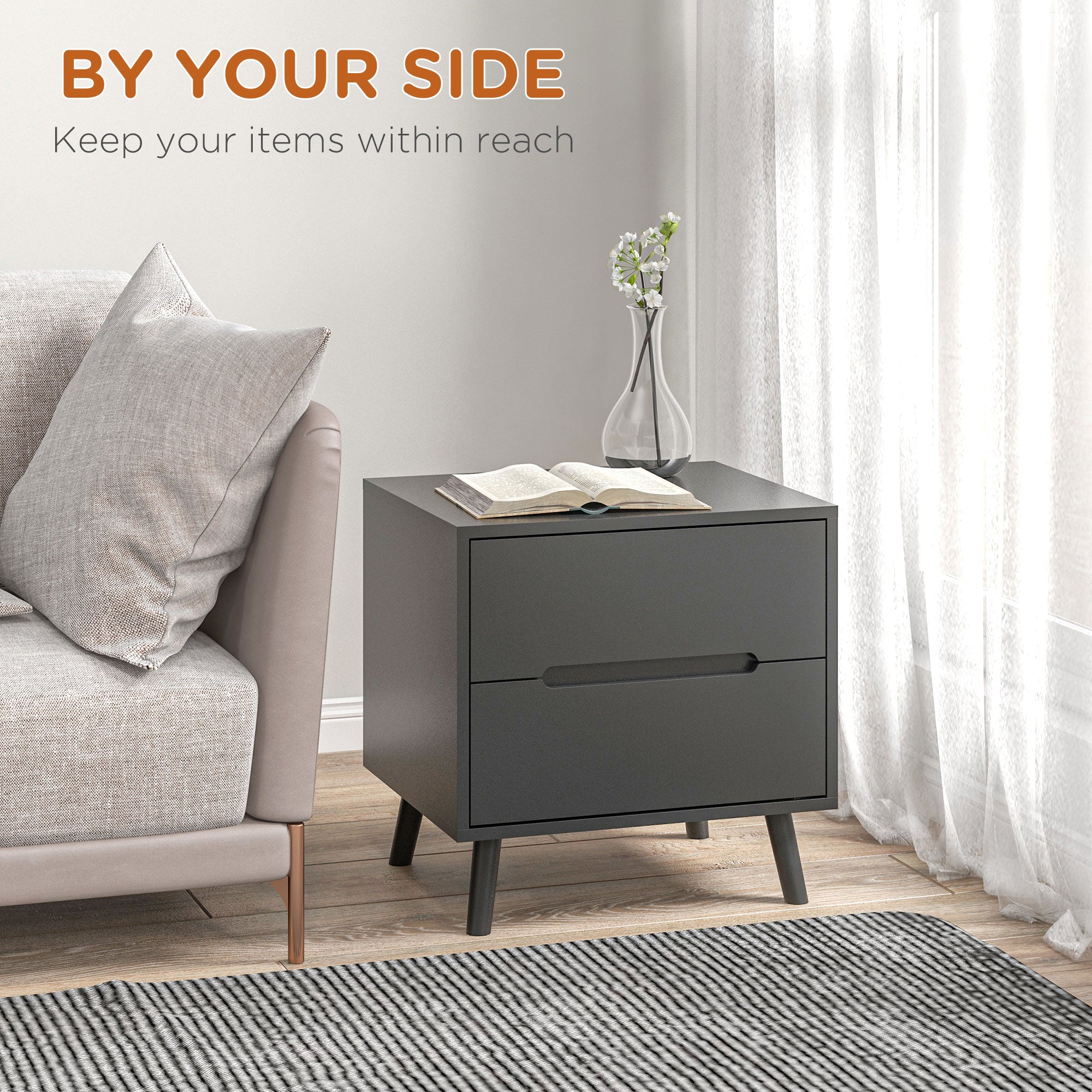 Willow Modern Nightstand/End Table with 2 Drawers-Black
