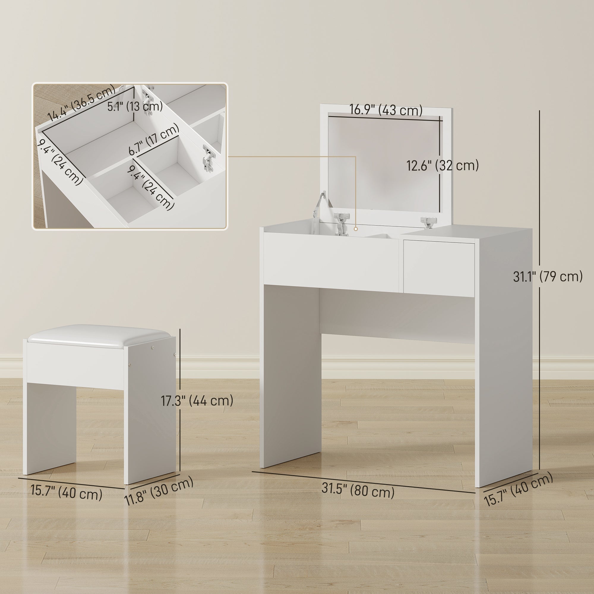 Mia Modern Vanity Set with Flip Top Mirror-White