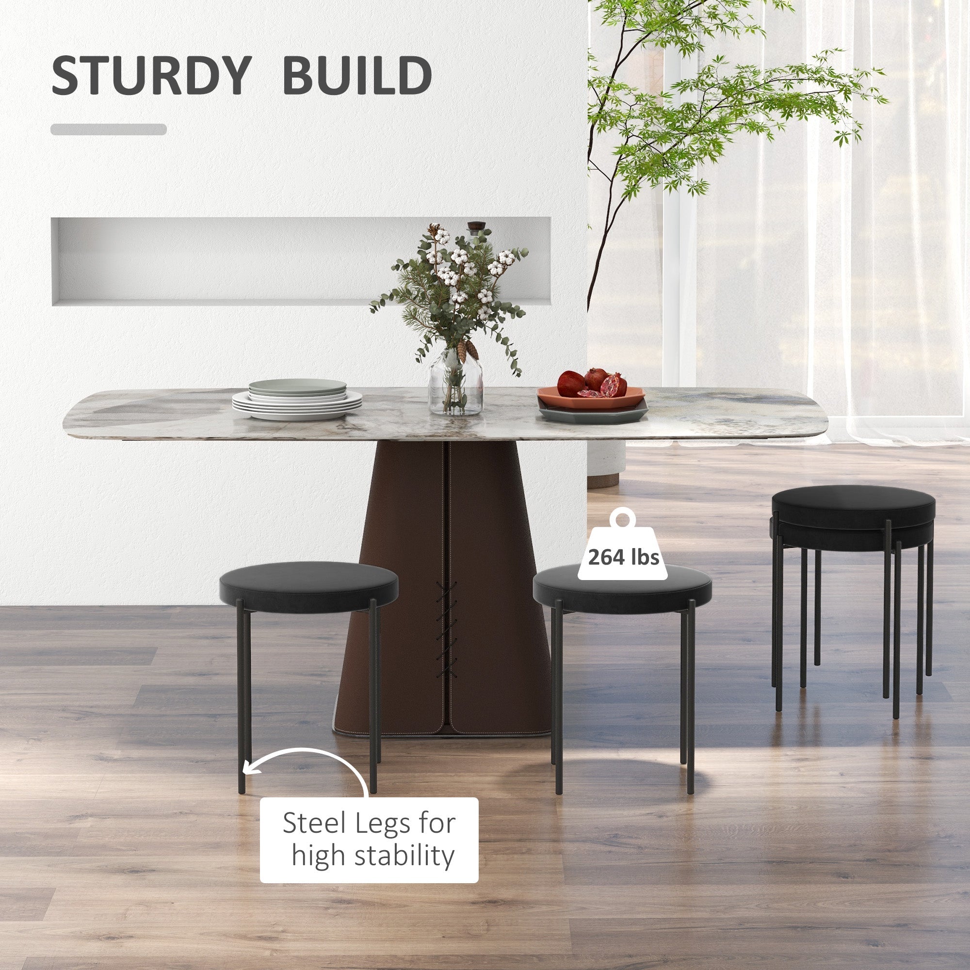 Noel Backless Round Dining Stools-Set of 4 with Metal Legs-Black