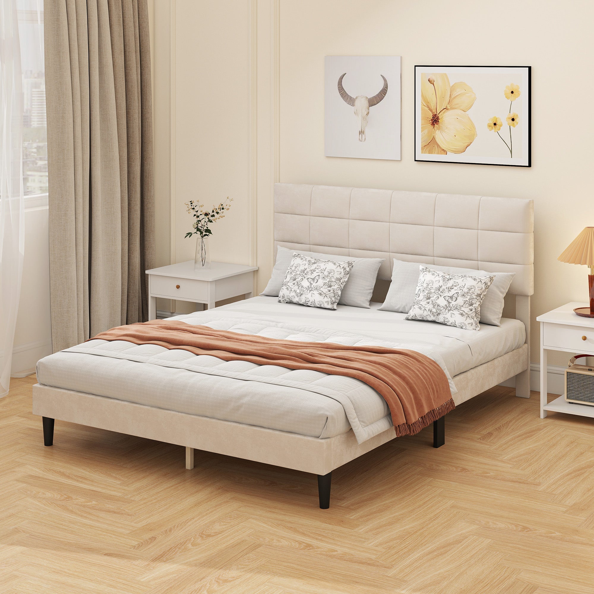 Harper Queen Size Bed Frame with Upholstered Headboard-Cream White