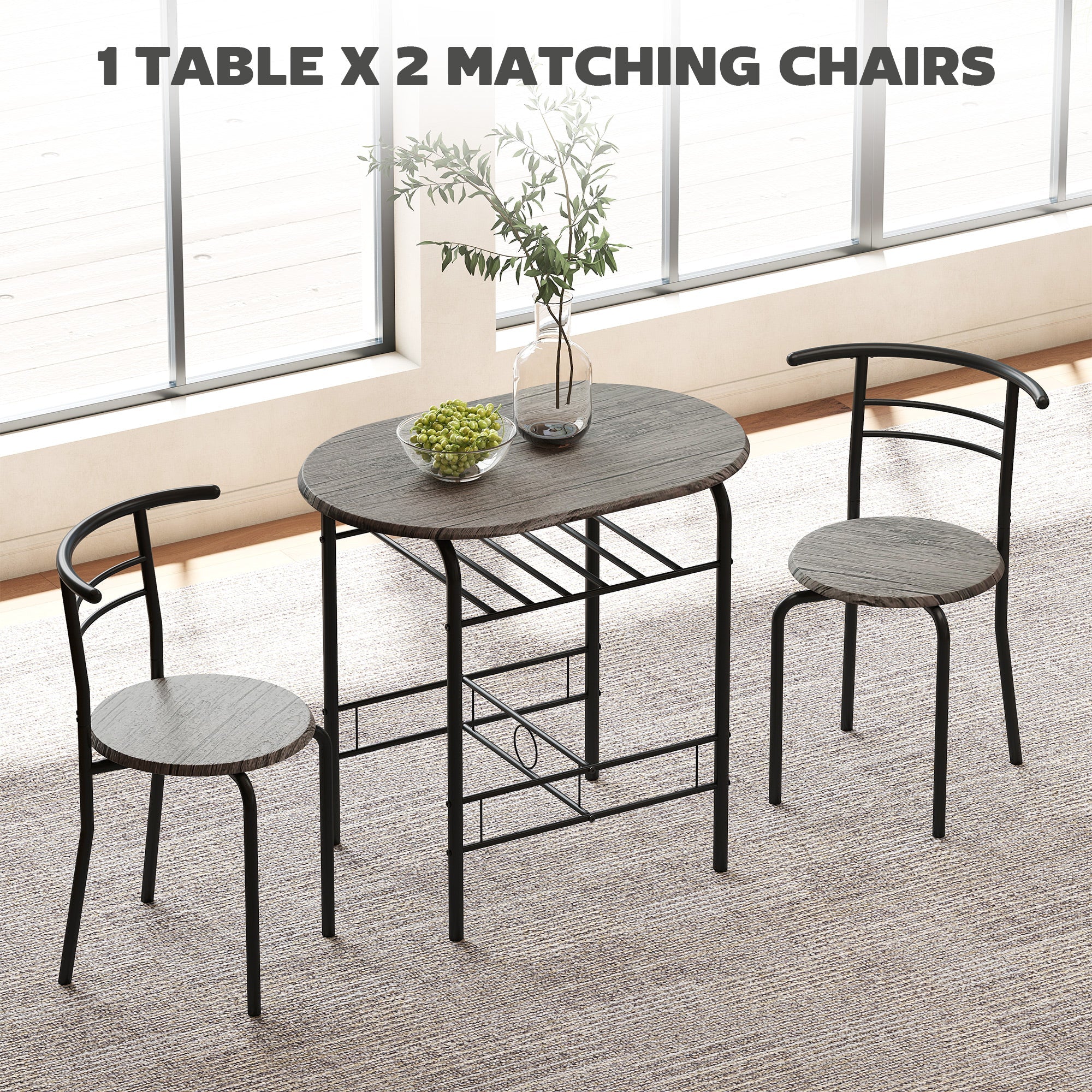 Foden 3-Piece Dining Set with Shelf, for Small Spaces-Dark Grey