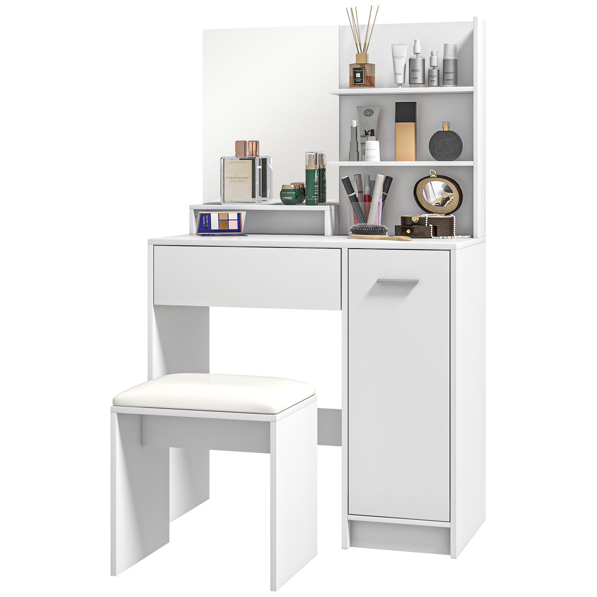 Elise Makeup Vanity Set with Mirror, Stool and Adjustable Shelves-White