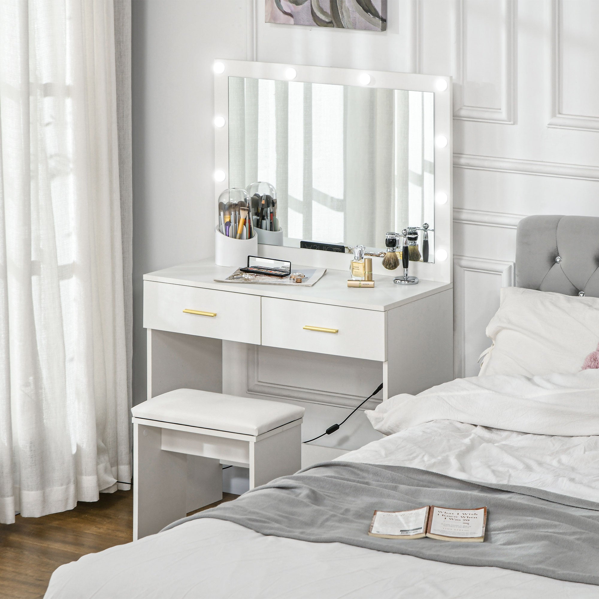 Olivia Vanity Desk Set with Stool and LED Lighting Mirror-White