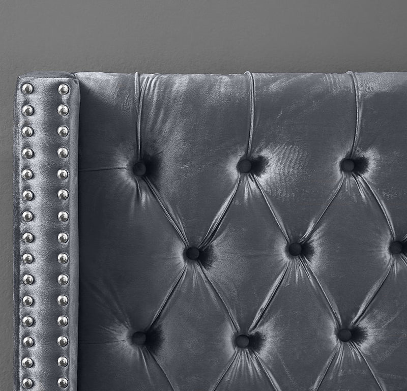Grey Velvet Platform Bed - IF-5890