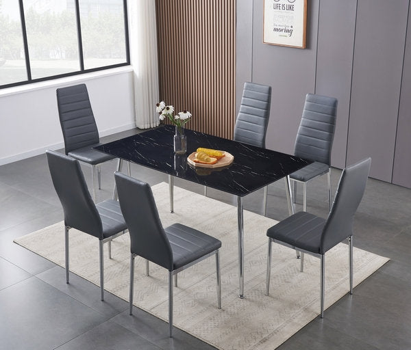 7pc Black Marble-Look Dining Set - IF-5090
