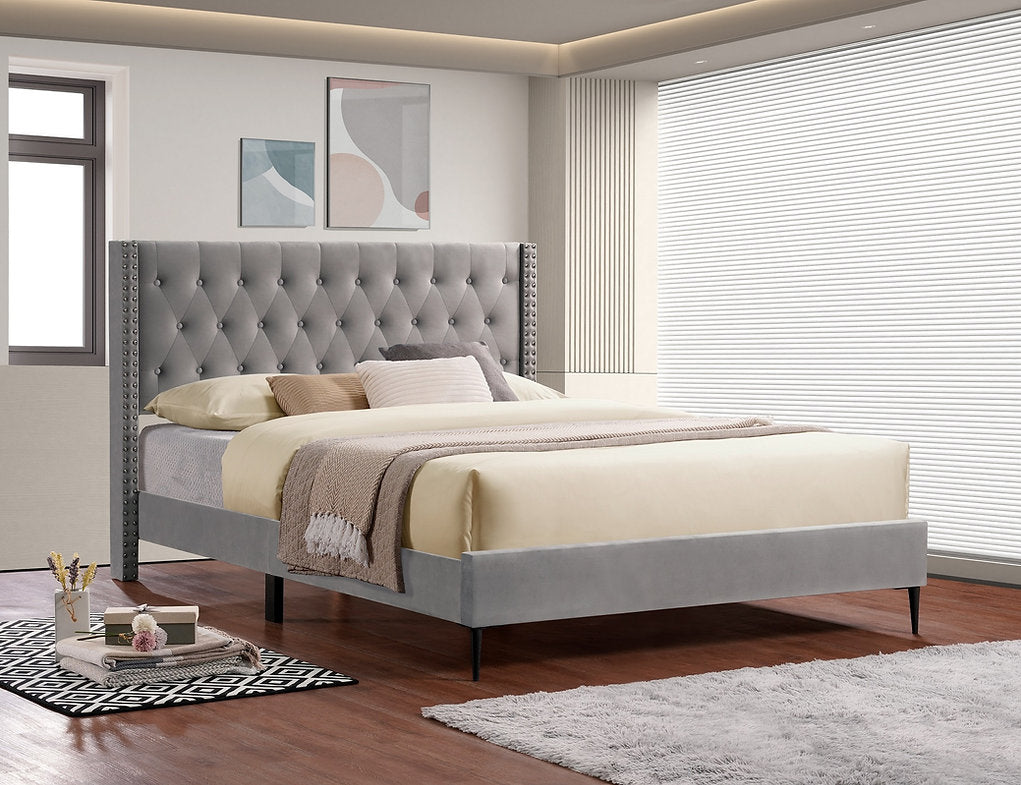 Grey Velvet Platform Bed - IF-5590