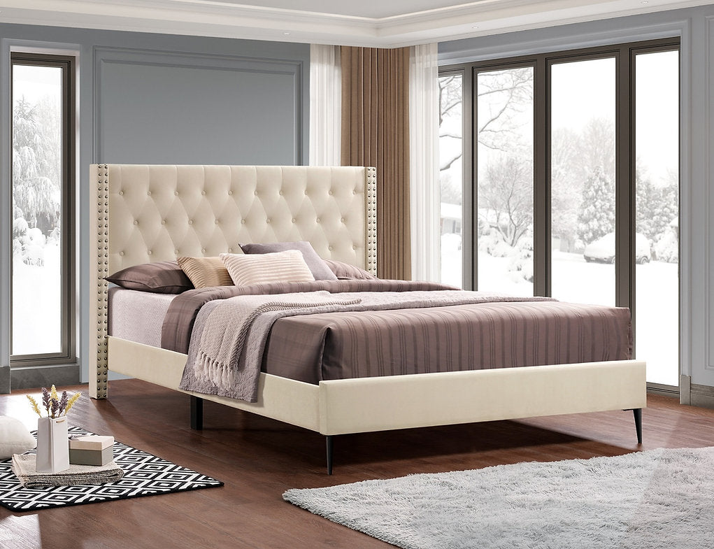 Cream Velvet Platform Bed - IF-5592
