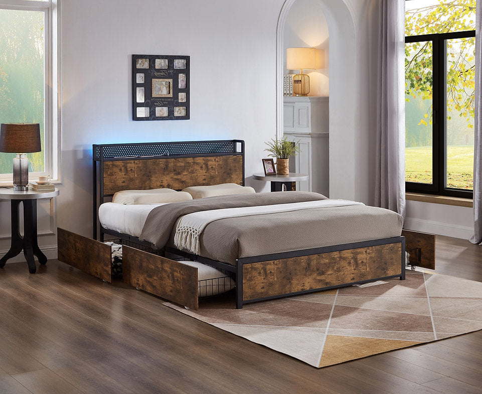 Wood Grain Storage Bed with LED & USB - IF-5930