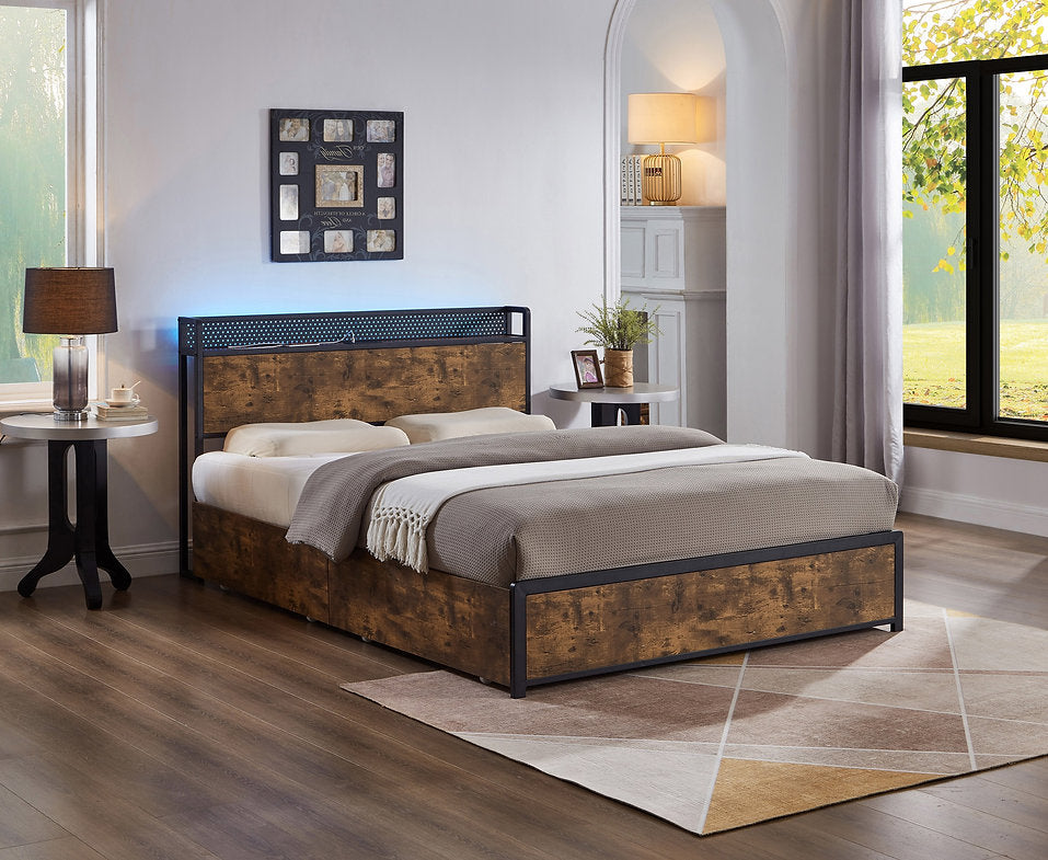 Wood Grain Storage Bed with LED & USB - IF-5930