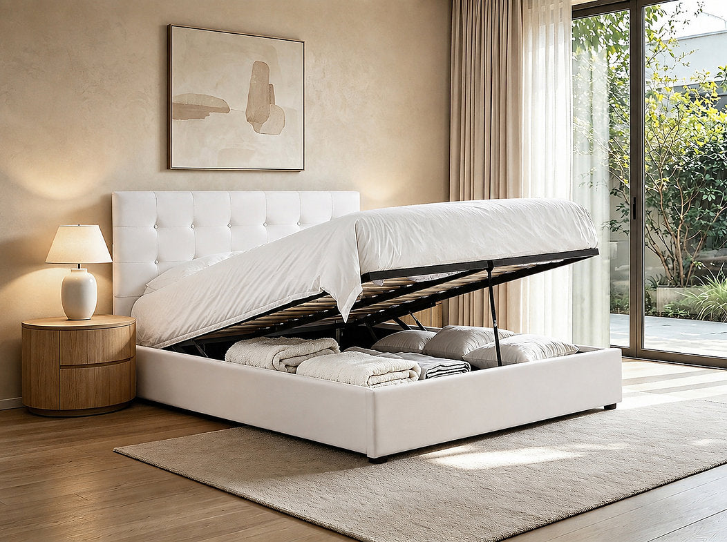 Cream Fabric Lift-up Storage Bed - IF-5446