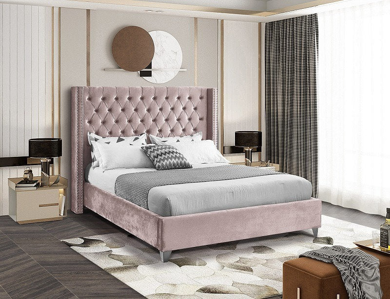 Pink Velvet Platform Bed - IF-5895