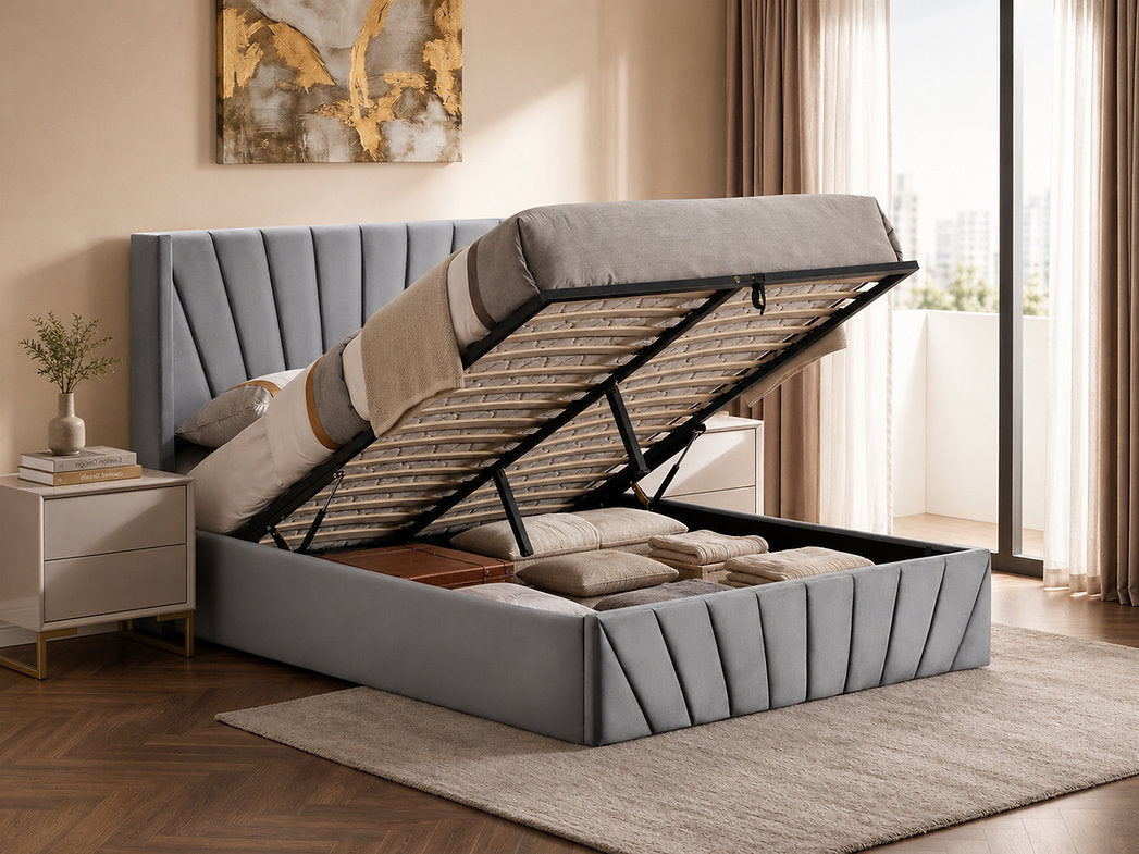 Grey Velvet Lift-up Storage Bed - IF-5870