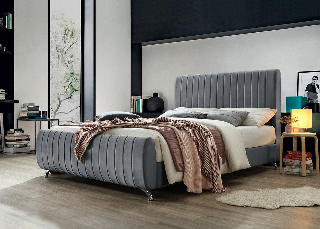 Grey Velvet Platform Bed - IF-5675