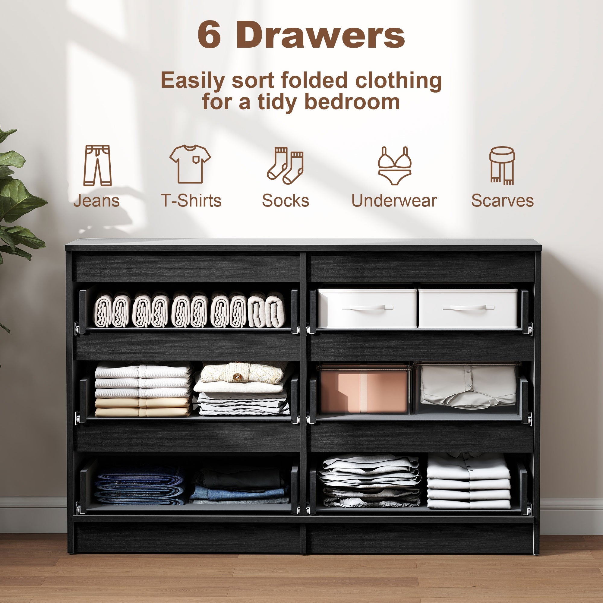 River 6 Drawer Dresser for Bedroom, Living Room or Hallway-Black