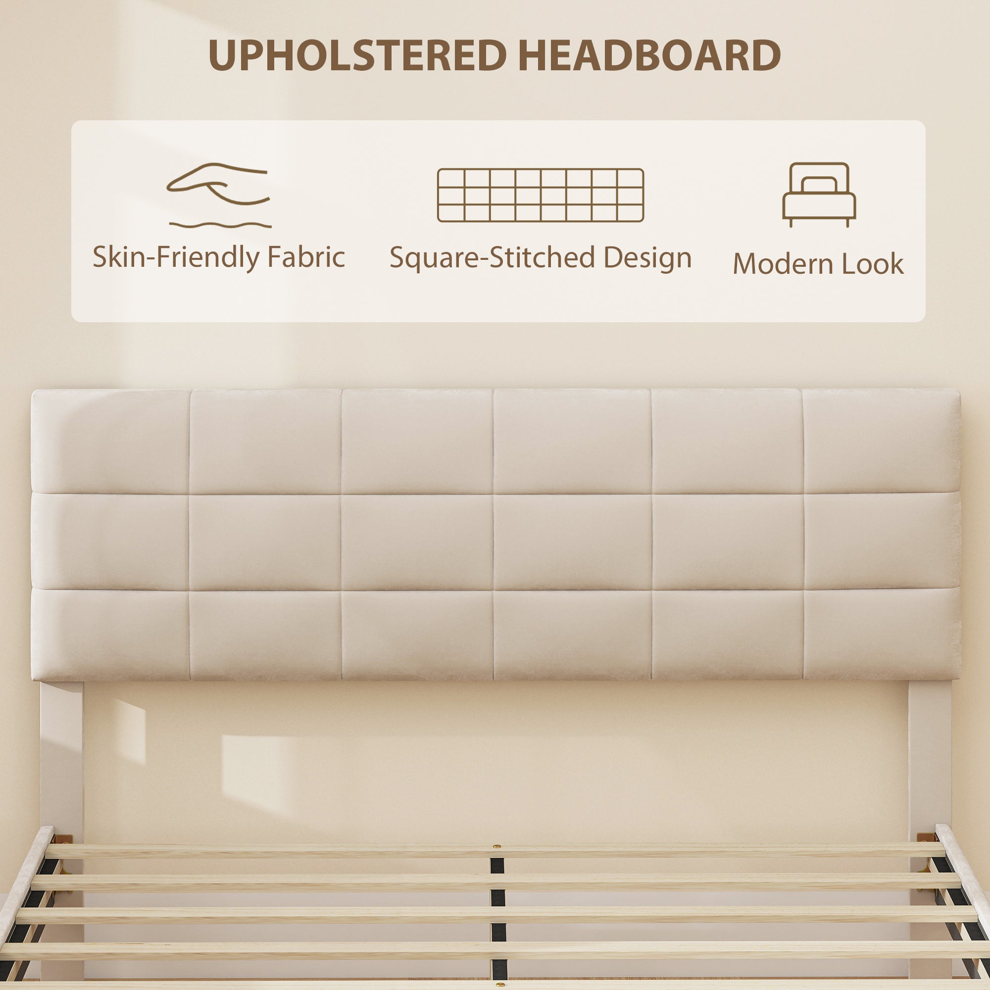 Harper Queen Size Bed Frame with Upholstered Headboard-Cream White
