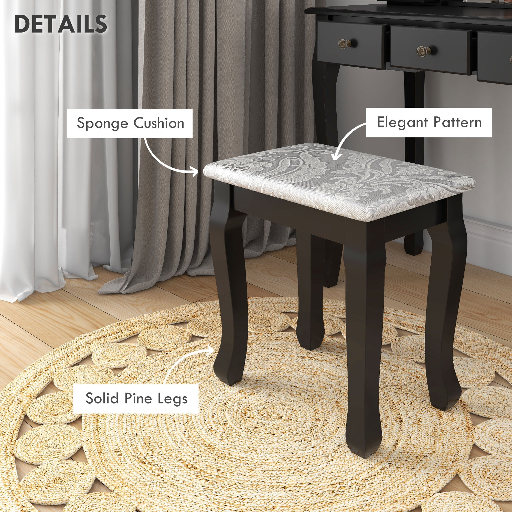 Emma Vanity Desk with Padded Stool and 360° Rotating Oval Mirror-Black