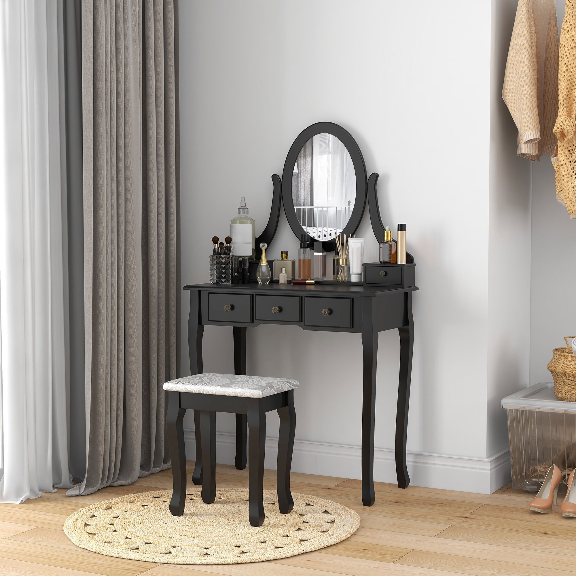 Emma Vanity Desk with Padded Stool and 360° Rotating Oval Mirror-Black