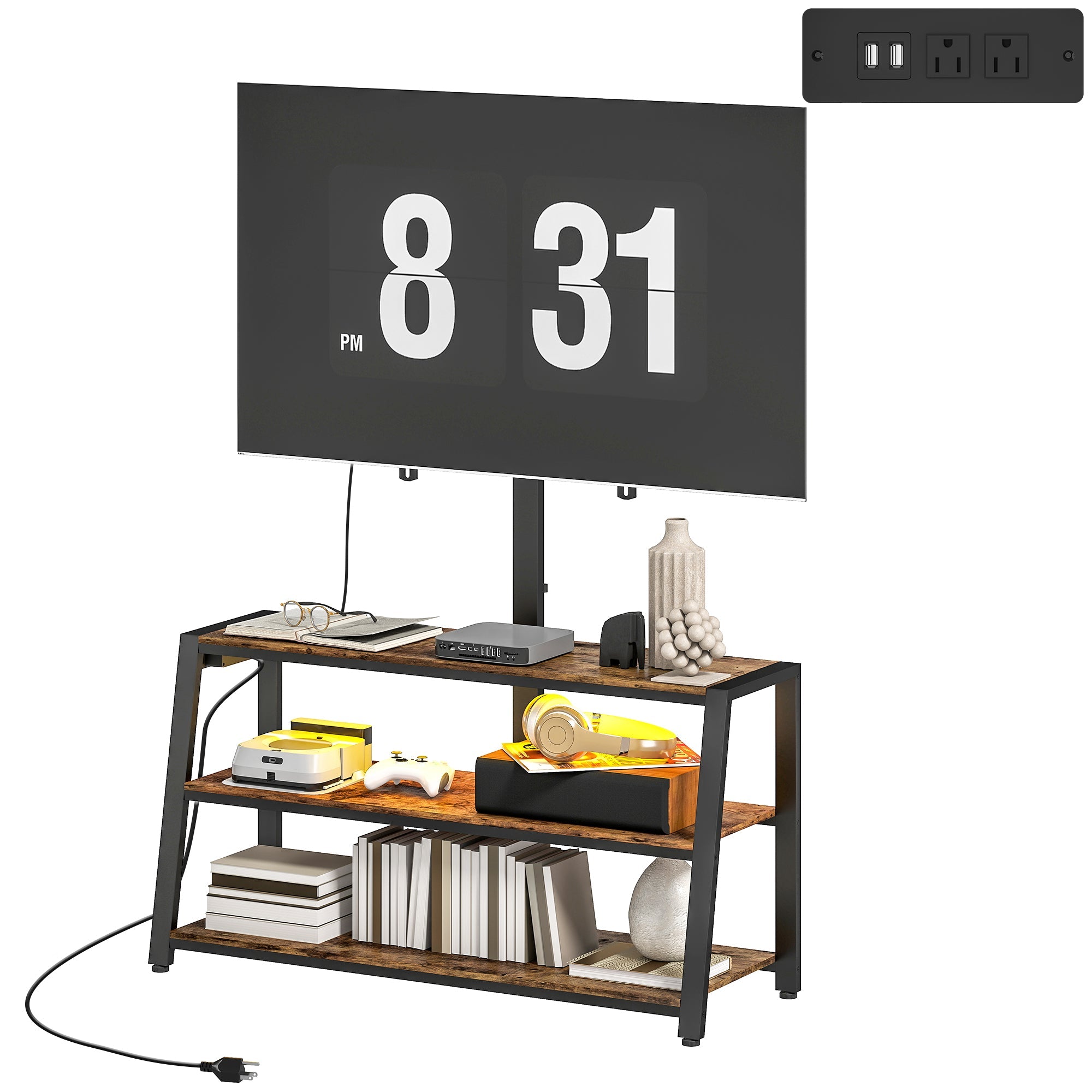 Bay TV Stand with Swivel Mount, Power Outlet and LED Lights for 32-70" TVs-Rustic Brown
