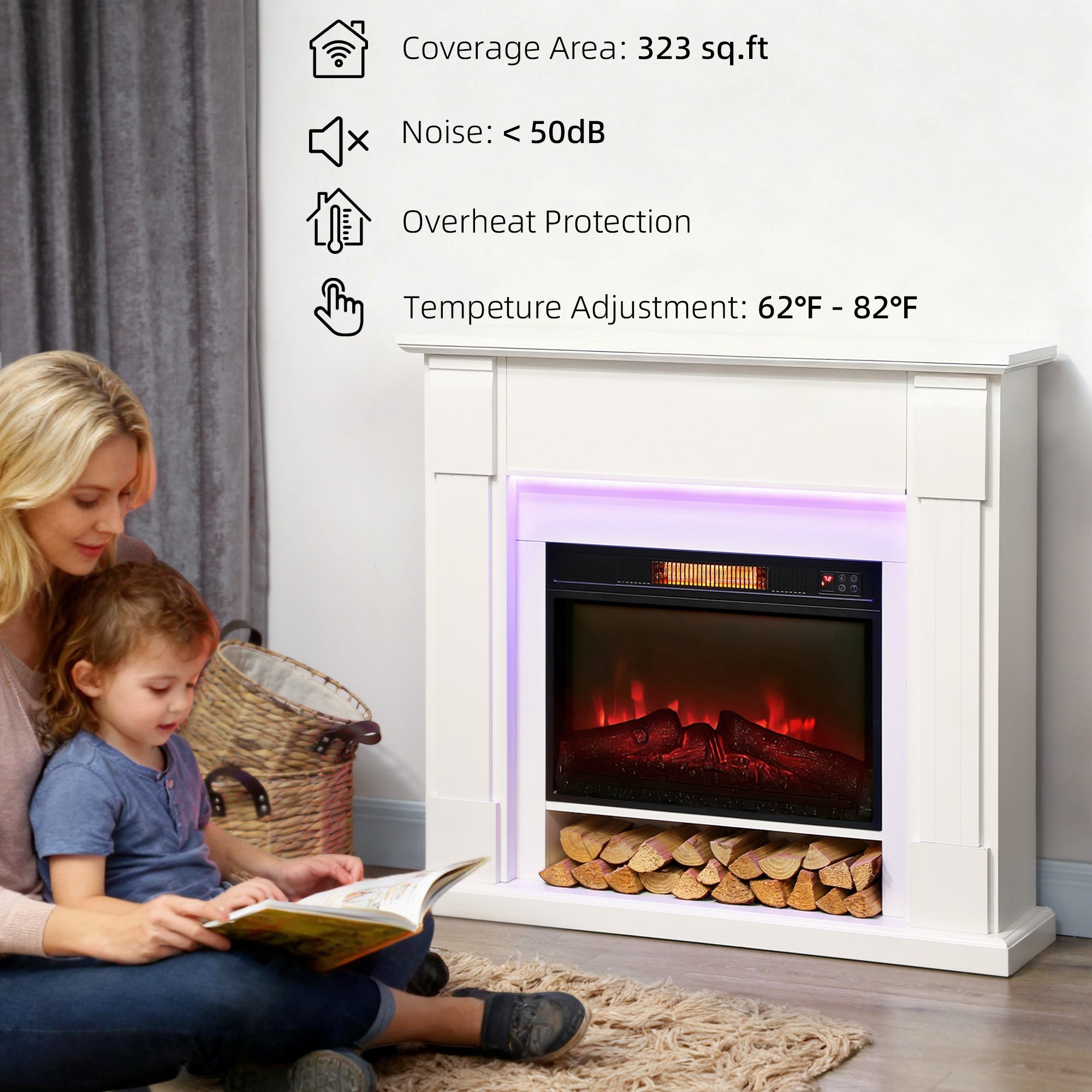 Aubrey 41" Electric Fireplace with Mantel and Adjustable 3D Flame Effect -White
