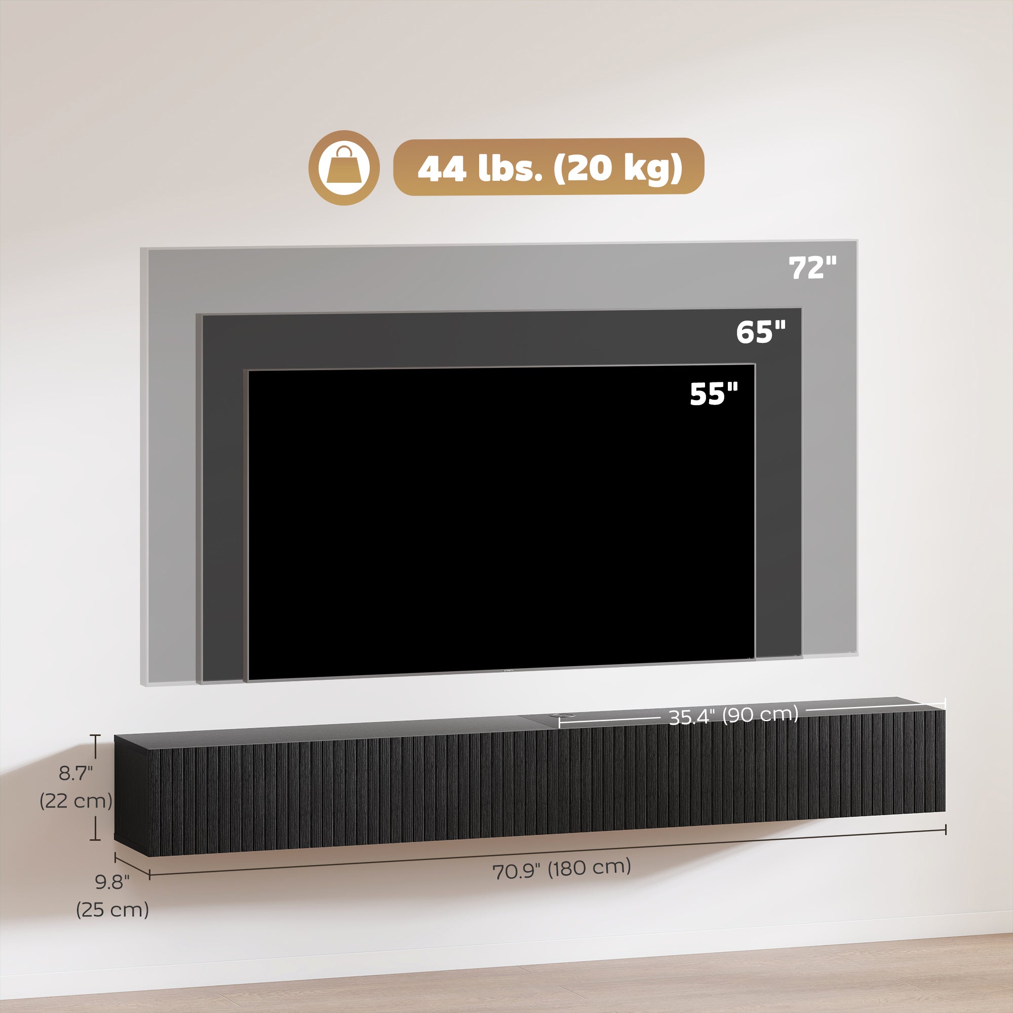 Jesse 71" Floating TV Stand with 2 Fluted Flip-Down Doors for TVs up to 75"-Black