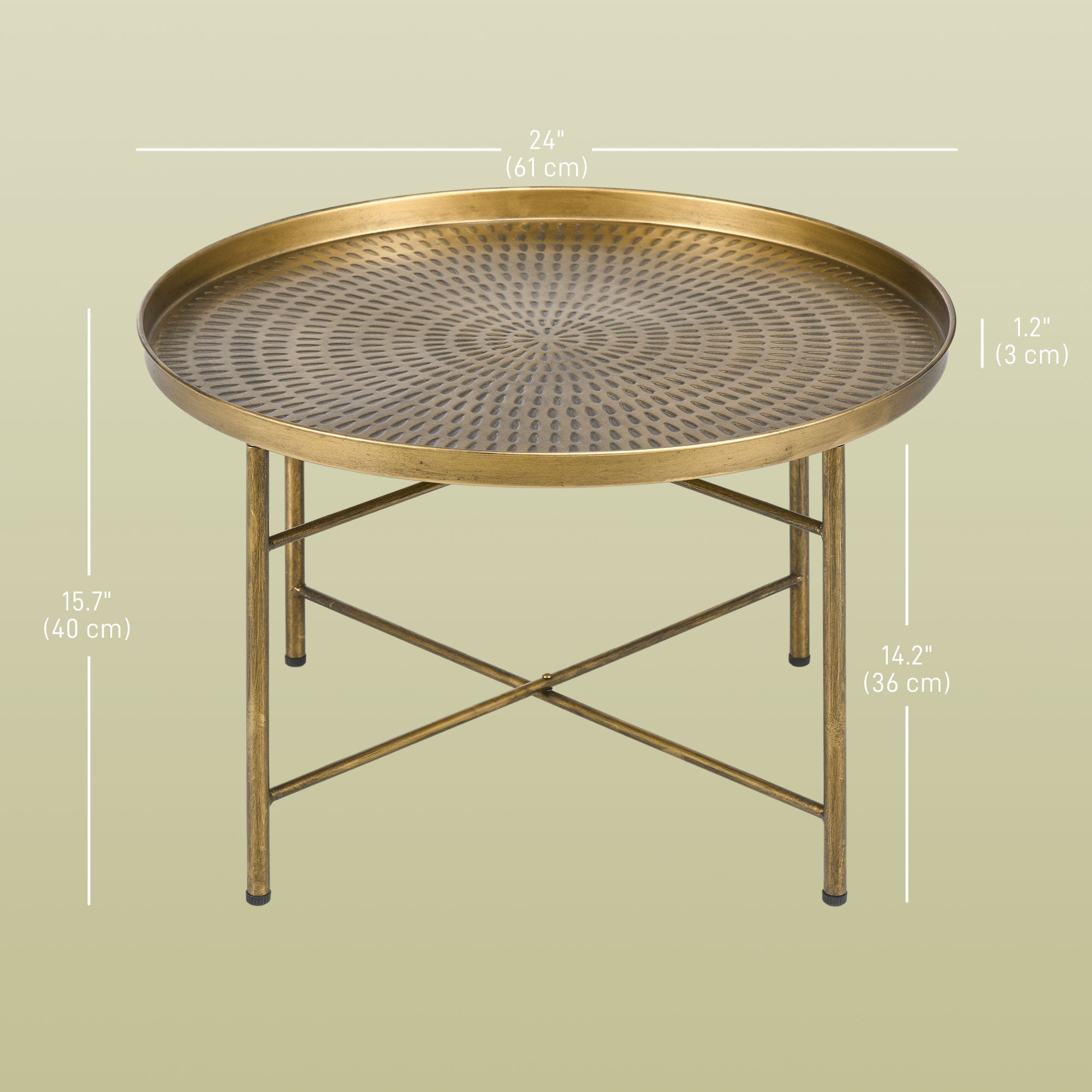 Dessie 24" Vintage Coffee Table with Hammered Tray Top and Metal Frame-Gold