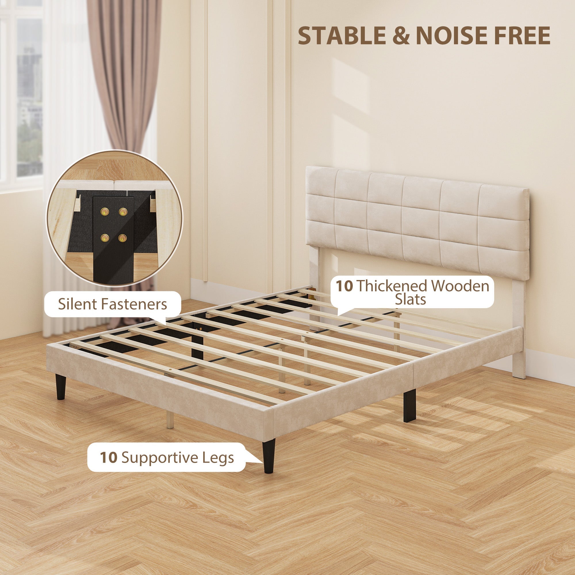 Harper Queen Size Bed Frame with Upholstered Headboard-Cream White